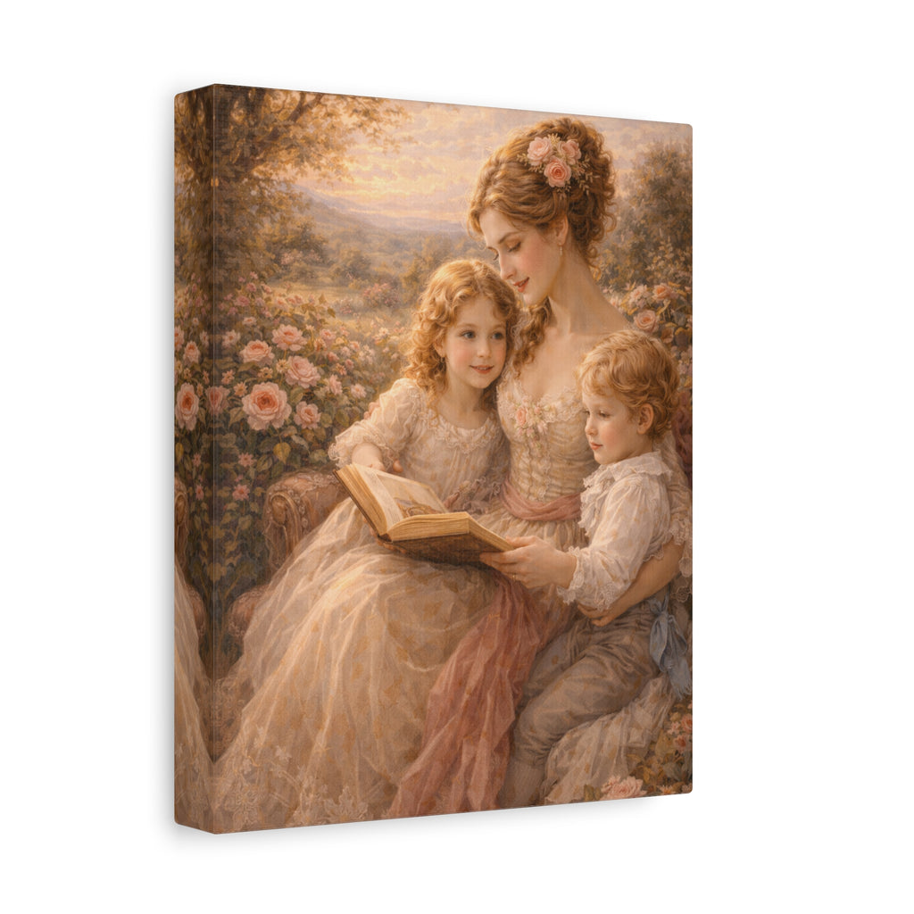 Victorian Pink Mom Reading Children Roses Canvas Wall Art Print, Woman Kids Wall Hanging Decor, Bookish  Bedroom Decor, Gift for Mom