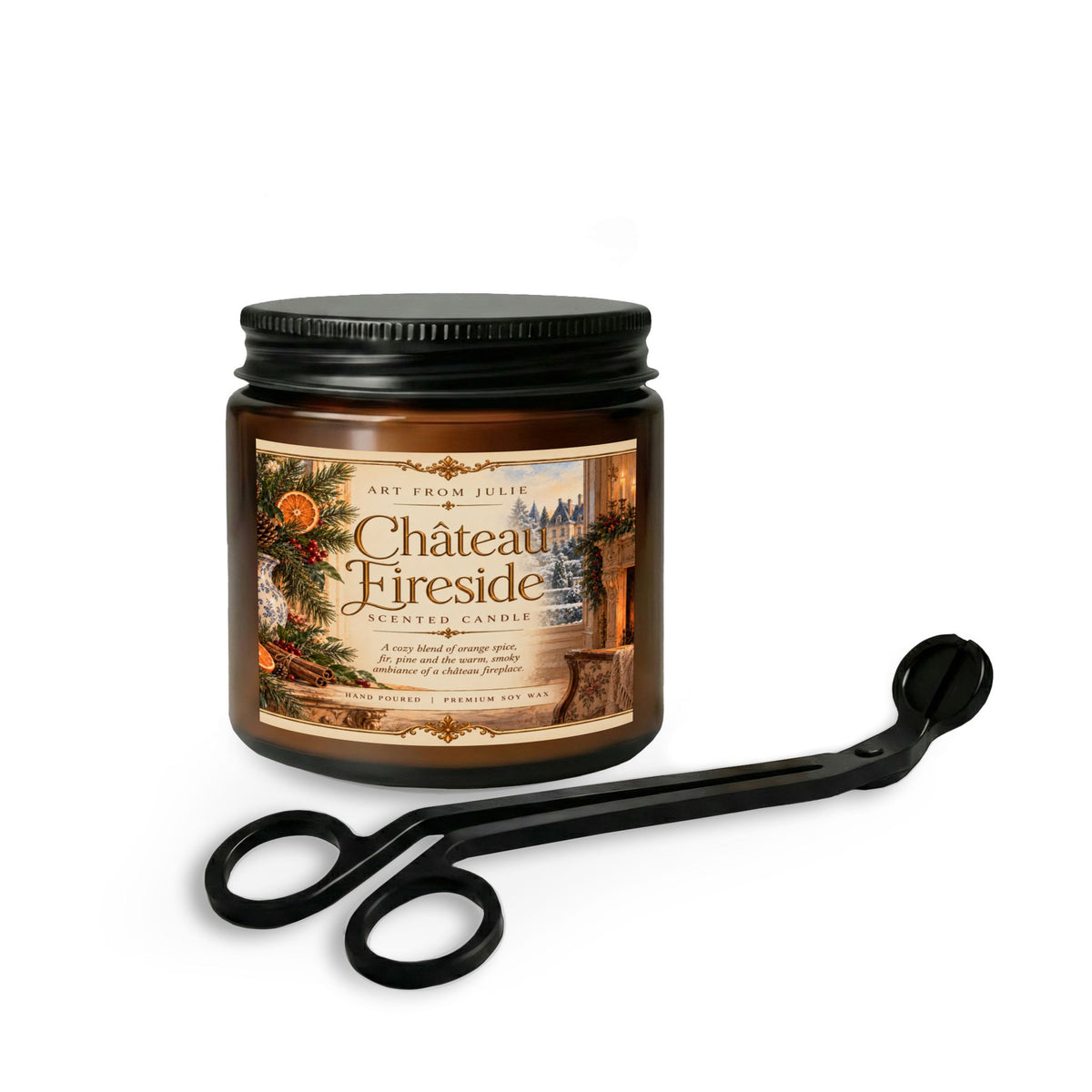 Château Fireside Candle Gift Set, Orange Spice, Fir & Pine Scented Candle with Matte Black Wick Trimmer, French Country Home Fragrance