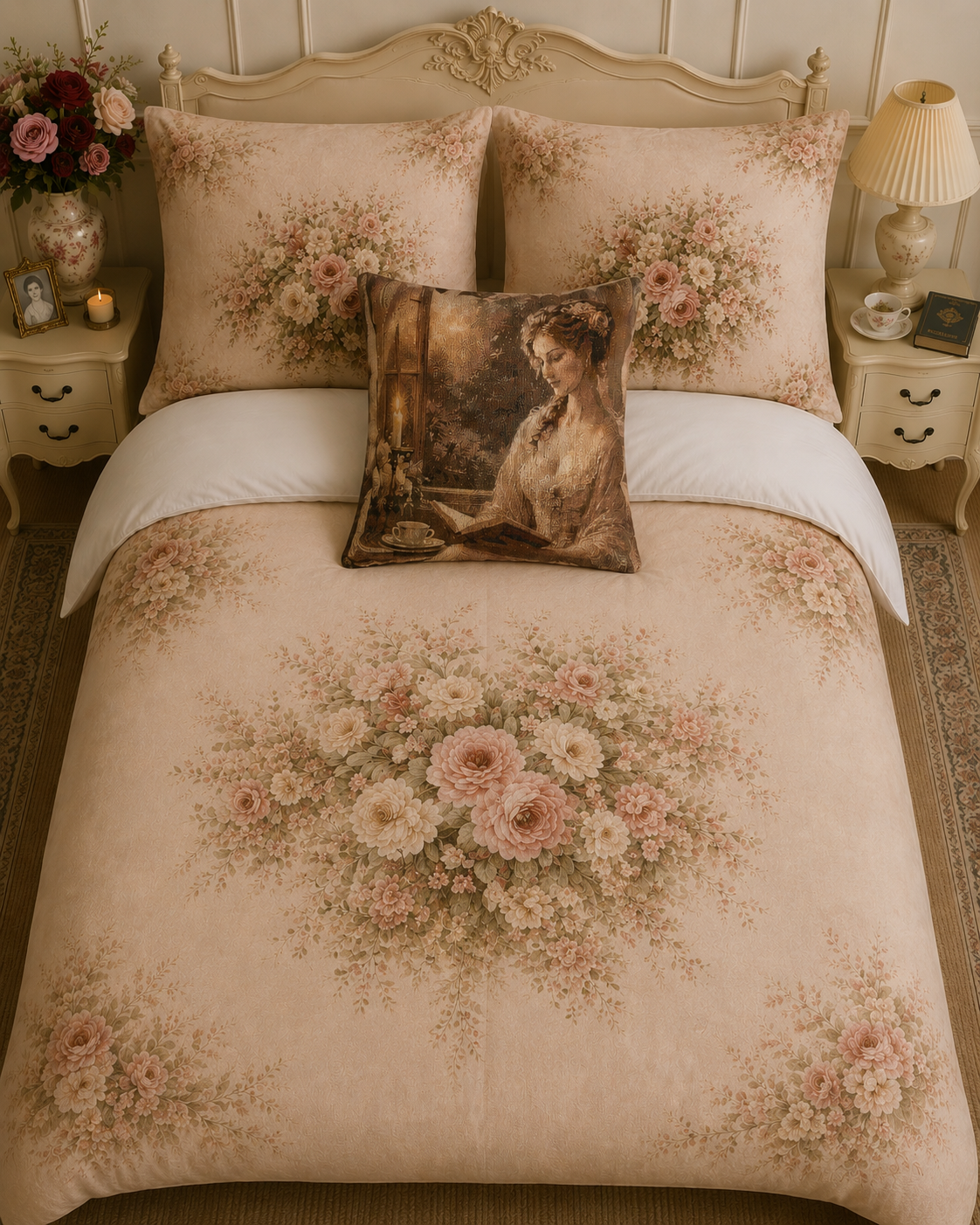 Pink Rose Peony Comforter or Duvet Cover Set, French Country Chateaucore Bedding – Romantic Floral Bedspread