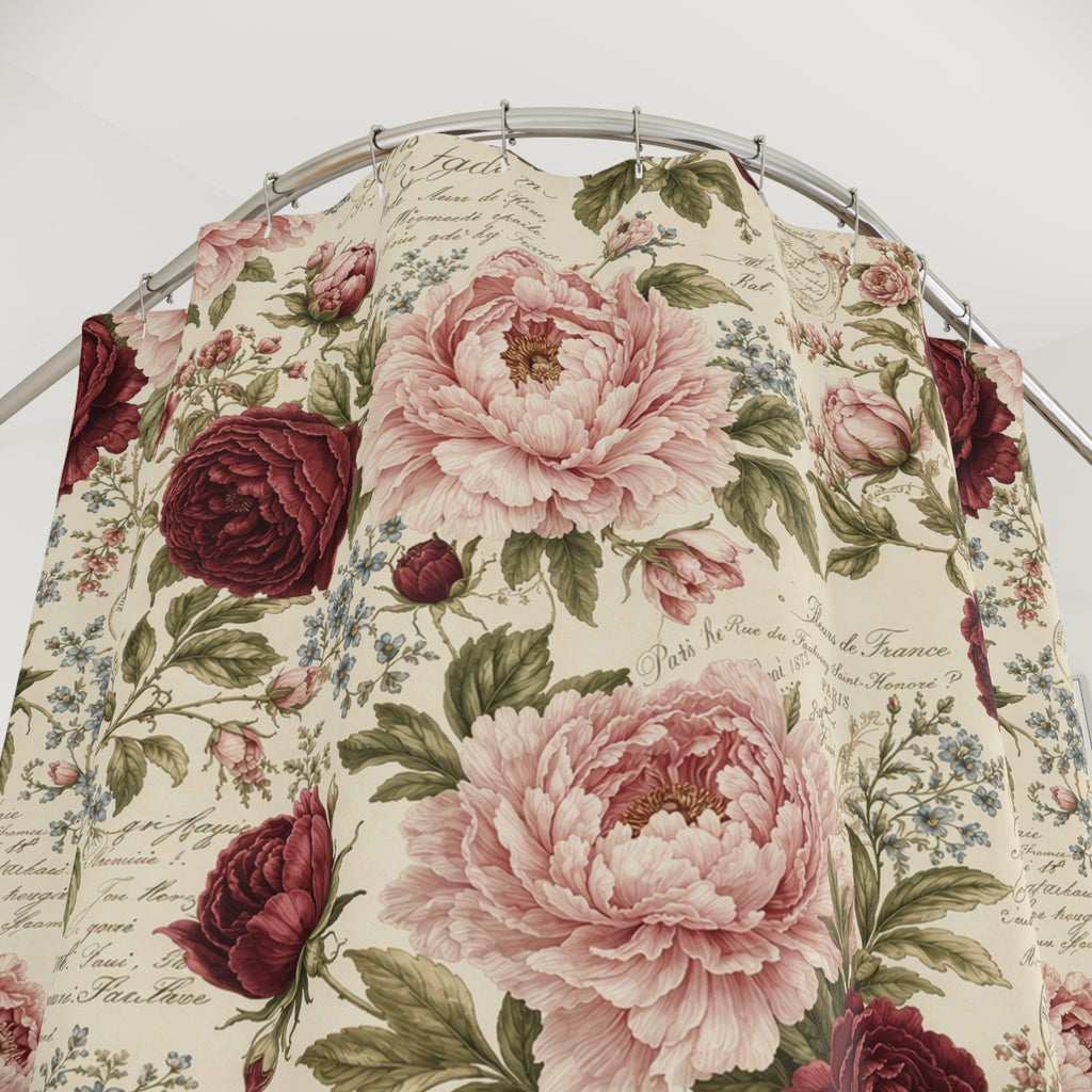 Burgundy Pink Roses French Script Floral Fabric Shower Curtain, Victorian Bathroom, French Country Cottage, Shabby Chic Bath