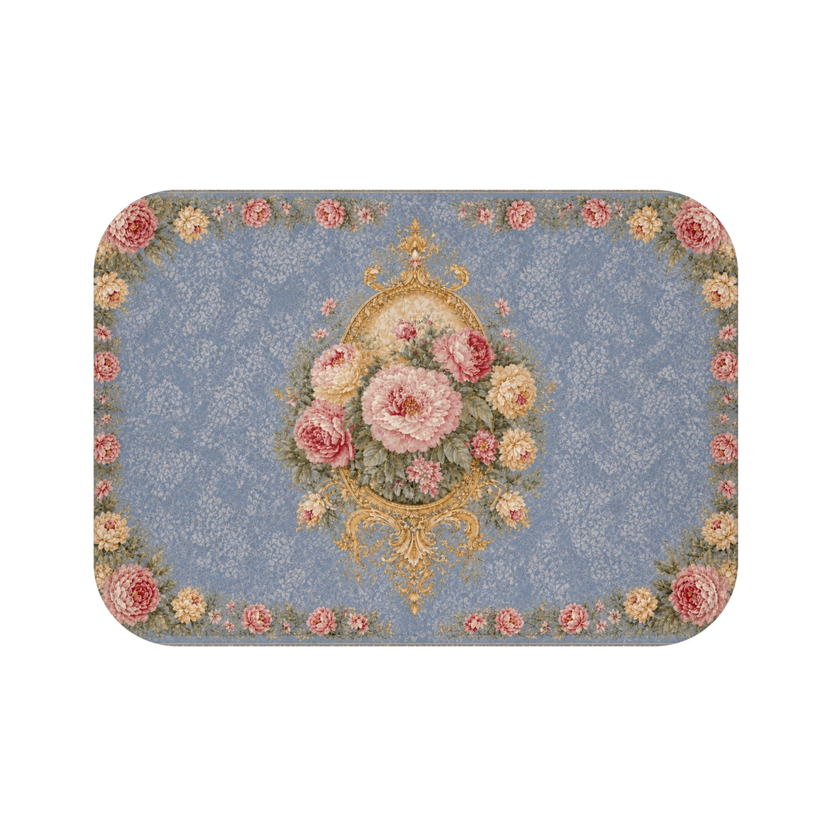 Blue Floral Memory Foam Bath Mat, Pink Peony Rose Rococo Bathroom Rug, French Country Vintage Chateaucore Victorian Shabby Chic Decor