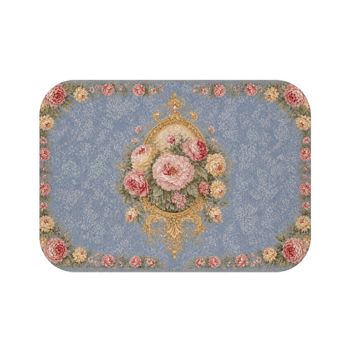 Blue Floral Memory Foam Bath Mat, Pink Peony Rose Rococo Bathroom Rug, French Country Vintage Chateaucore Victorian Shabby Chic Decor