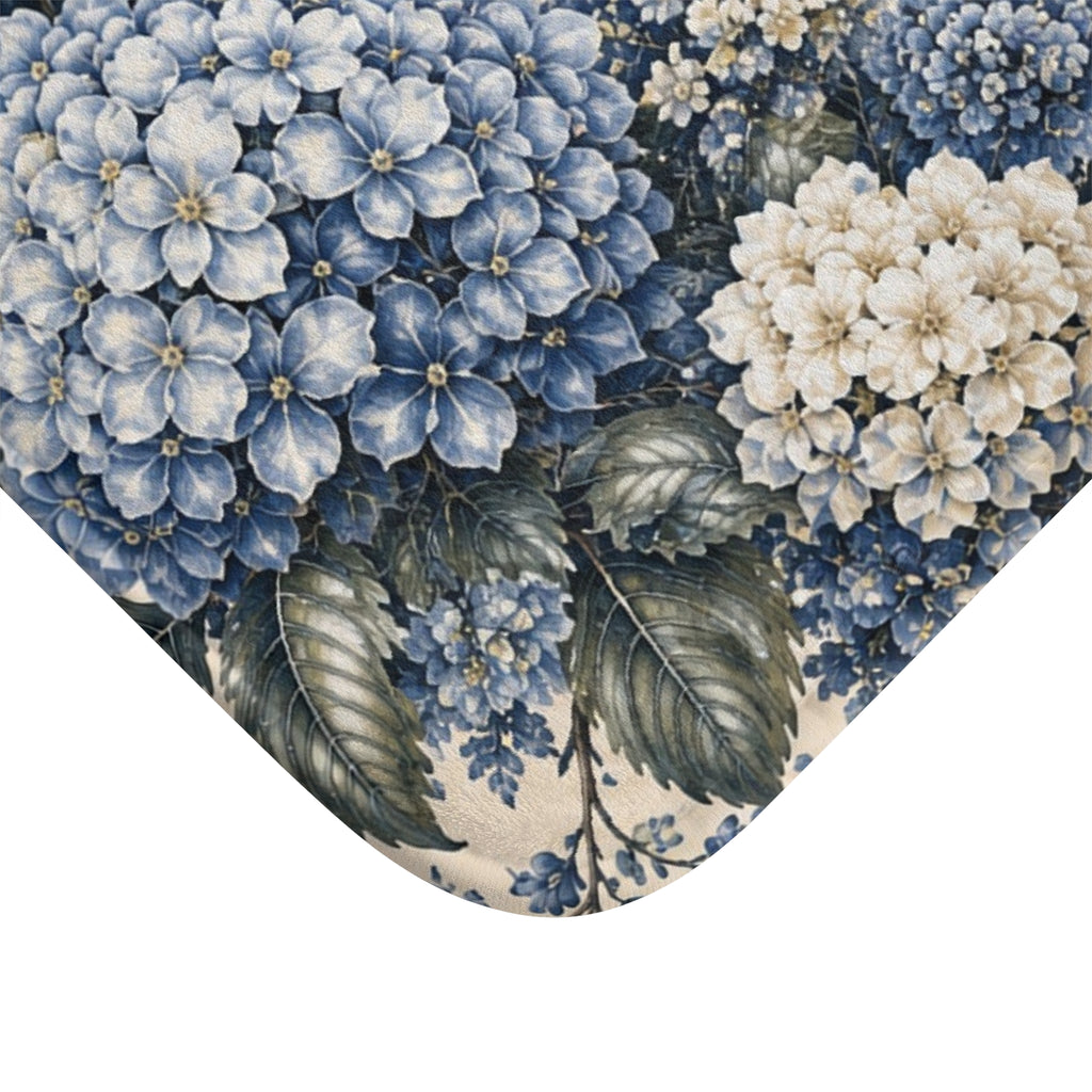 Blue Hydrangea Château Garden Memory Foam Bathmat, French Country Navy Blue Floral Bathroom Cushioned Throw Rug, Chateaucore Hydrangea Decor