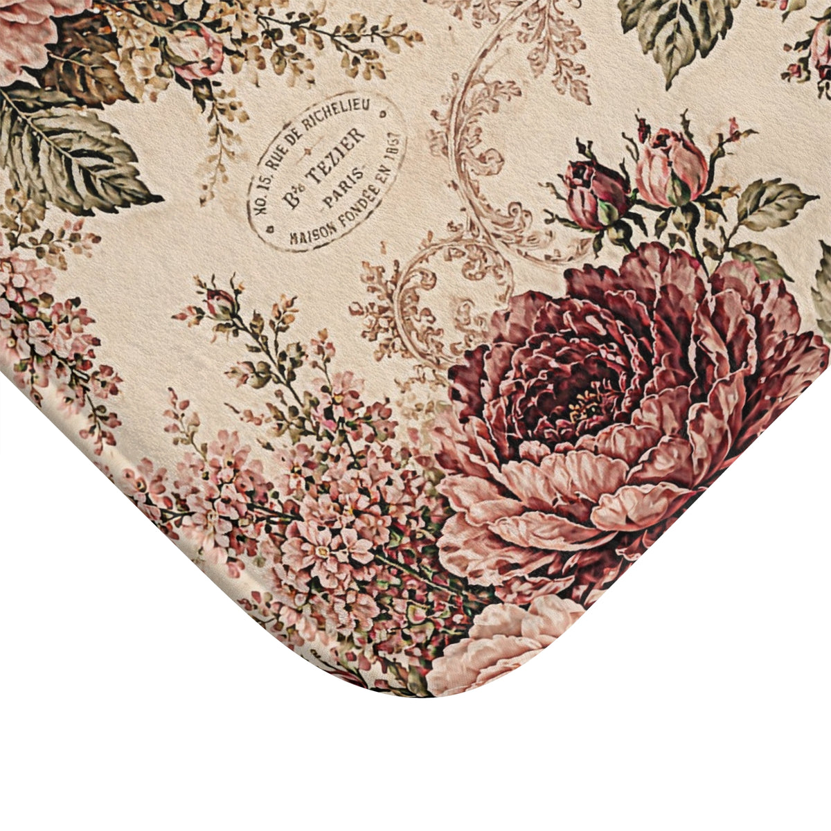 Vintage French Rose Memory Foam Bathmat – Burgundy Pink Blush Floral Paris Script Romantic Botanical, Victorian Chateaucore Bathroom Rug Decor