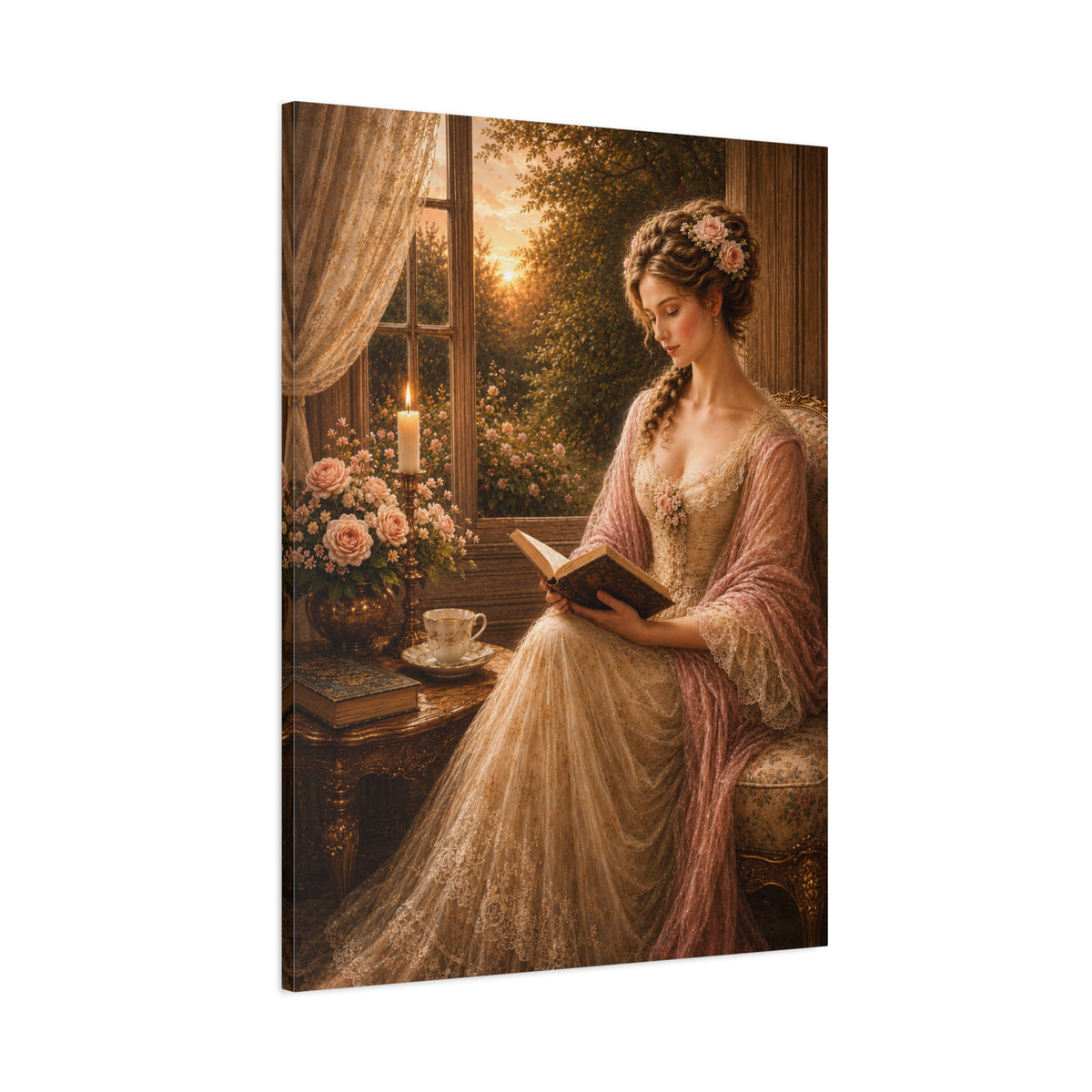 Victorian Pink Lady Reader Roses Canvas Wall Art Print, Feminine Wall Hanging Decor, Vintage 1800's Ladies, Home Decor, Gift for Her