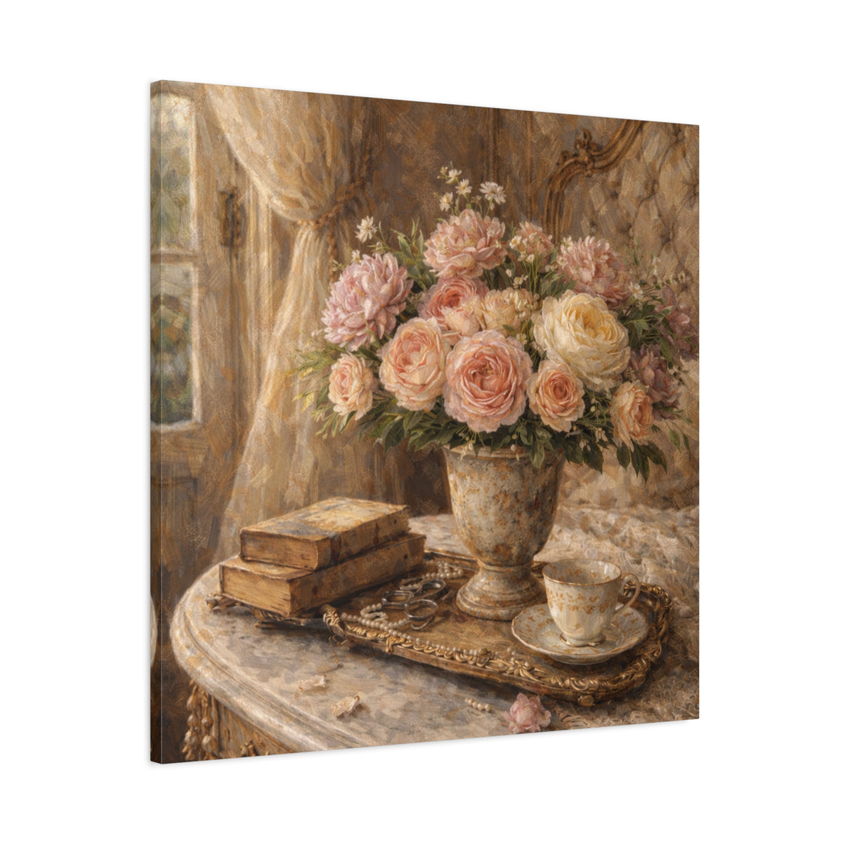 French Country Books Roses Canvas Wall Art Print, Chateaucore Floral Wall Hanging Decor, Victorian Romantic Home Decor, Gift Mom Grandma