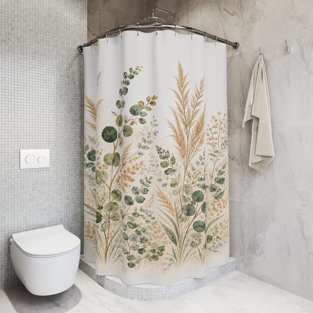 Eucalyptus & Pampas Grass 5-Piece Bathroom Set – Shower Curtain, Memory Foam Bath Mat & Towel Set, Sage Green Botanical Spa Decor