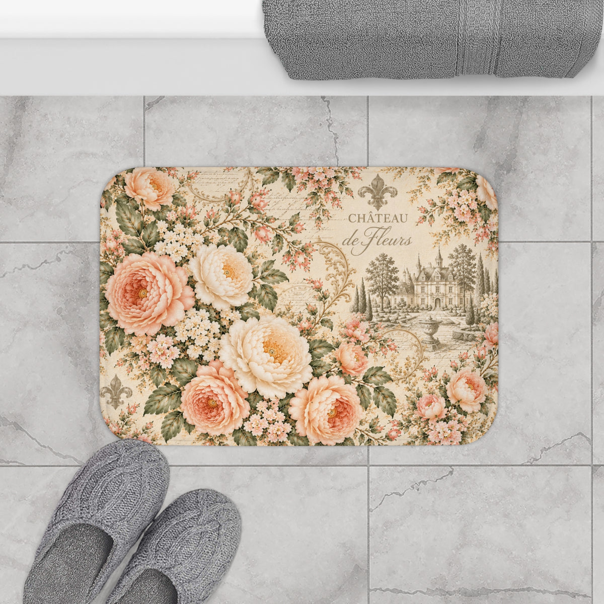 Peach Rose Château Memory Foam Bathmat, Cushioned Mat French Country Peach Floral Bathroom Rug, Sage Green Chateaucore Bath Decor