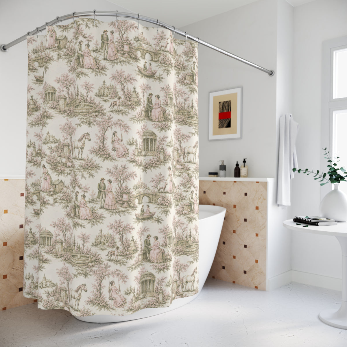 Soft Pink Sage French Toil de Jouy Fabric Shower Curtain, Victorian Bathroom Decor Country Cottage, Shabby Chic Farmhouse, Housewarming Gift