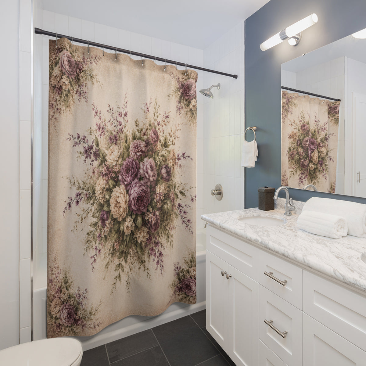 Chateaucore Muted Plum Roses Floral Fabric Shower Curtain, Victorian Bathroom Decor, French Country Cottage, Shabby Chic Bath