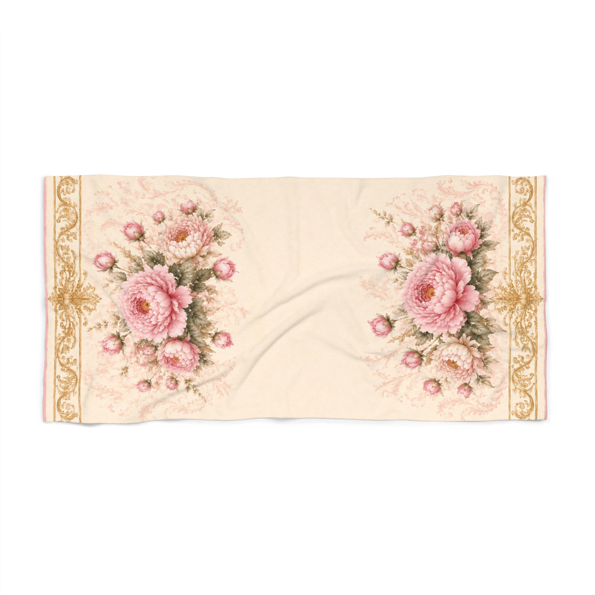 Victorian Gold Pink Peonies Large Bath Towel, Victorian Rococo Gold Baroque, Shabby Chic French Country Style, Wedding Home Gift