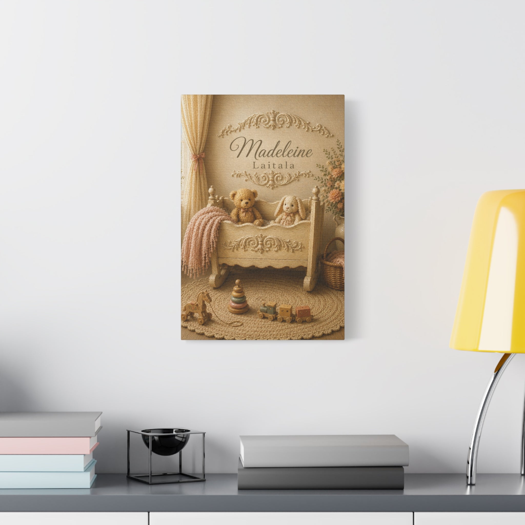 Personalized Nursery Canvas Wall Hanging – Vintage Cradle Toys Custom Name Baby Room Wall Art - Ready to Hang - Baby Shower Gift