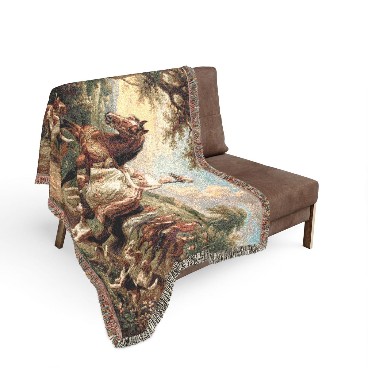 The Chateau Equestrian Hunt Woven Tapestry Blanket – Victorian Horseback Riding Scene, French Country Wall Hanging, English Manor & Grandmillennial Decor