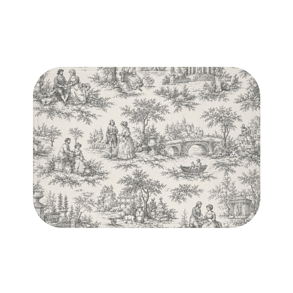 Nickel Gray and Ivory Toile de Jouy Memory Foam Bathmat, French Country Soft Neutral Bathroom Throw Rug, Shabby Chic Victorian Shower