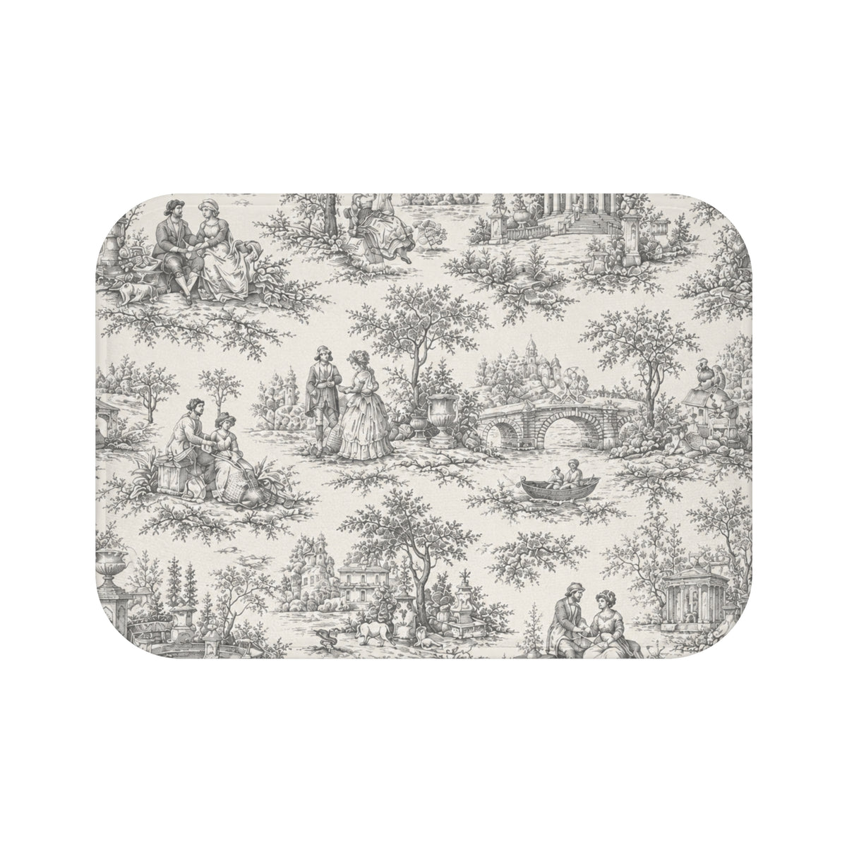 Nickel Gray and Ivory Toile de Jouy Memory Foam Bathmat, French Country Soft Neutral Bathroom Throw Rug, Shabby Chic Victorian Shower