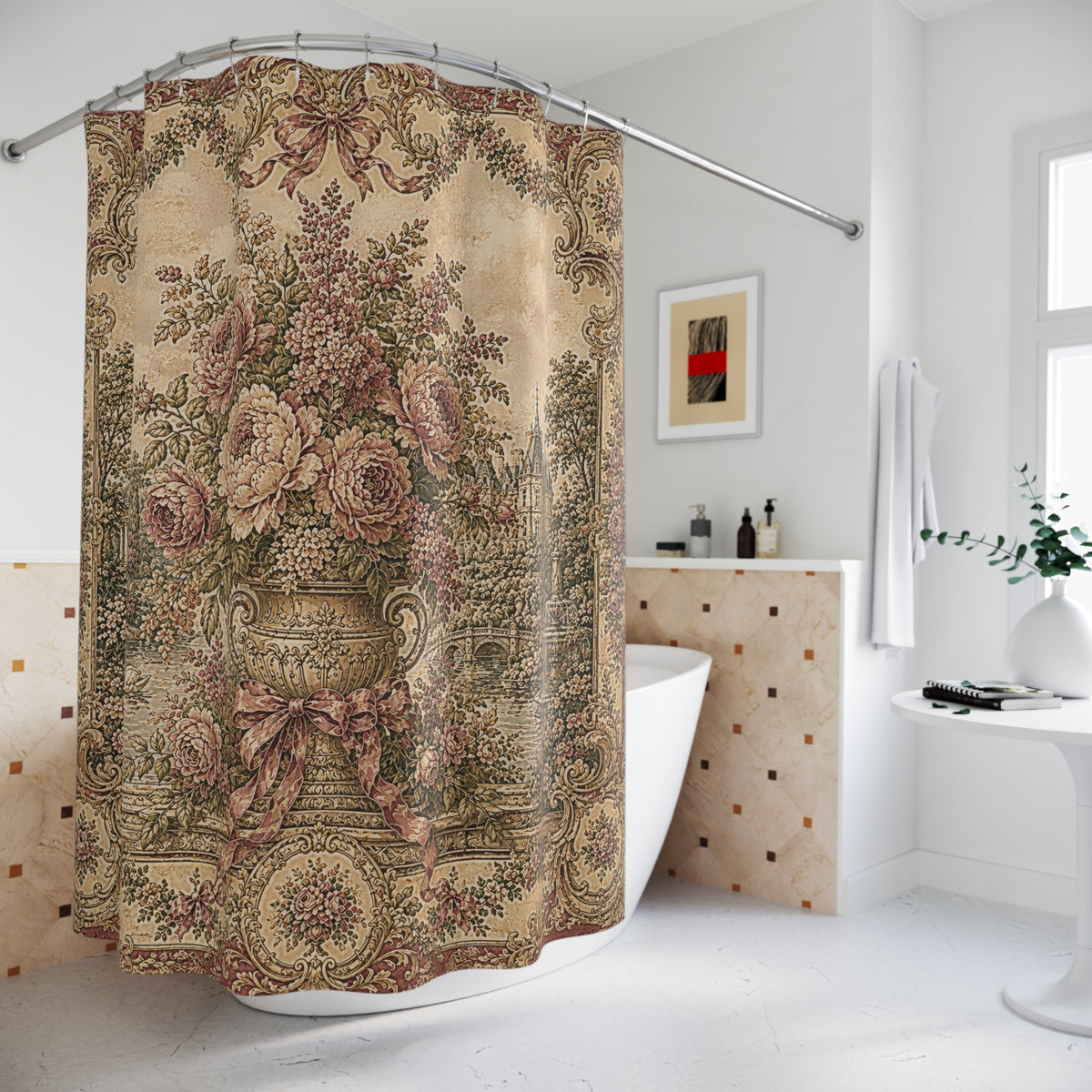 Dusty Rose Aubusson Shower Curtain – Pink Roses & Peonies – French Country Chateaucore Bathroom Decor