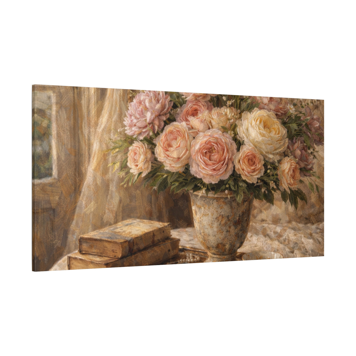 French Country Books Roses Canvas Wall Art Print, Chateaucore Floral Wall Hanging Decor, Victorian Romantic Home Decor, Gift Mom Grandma