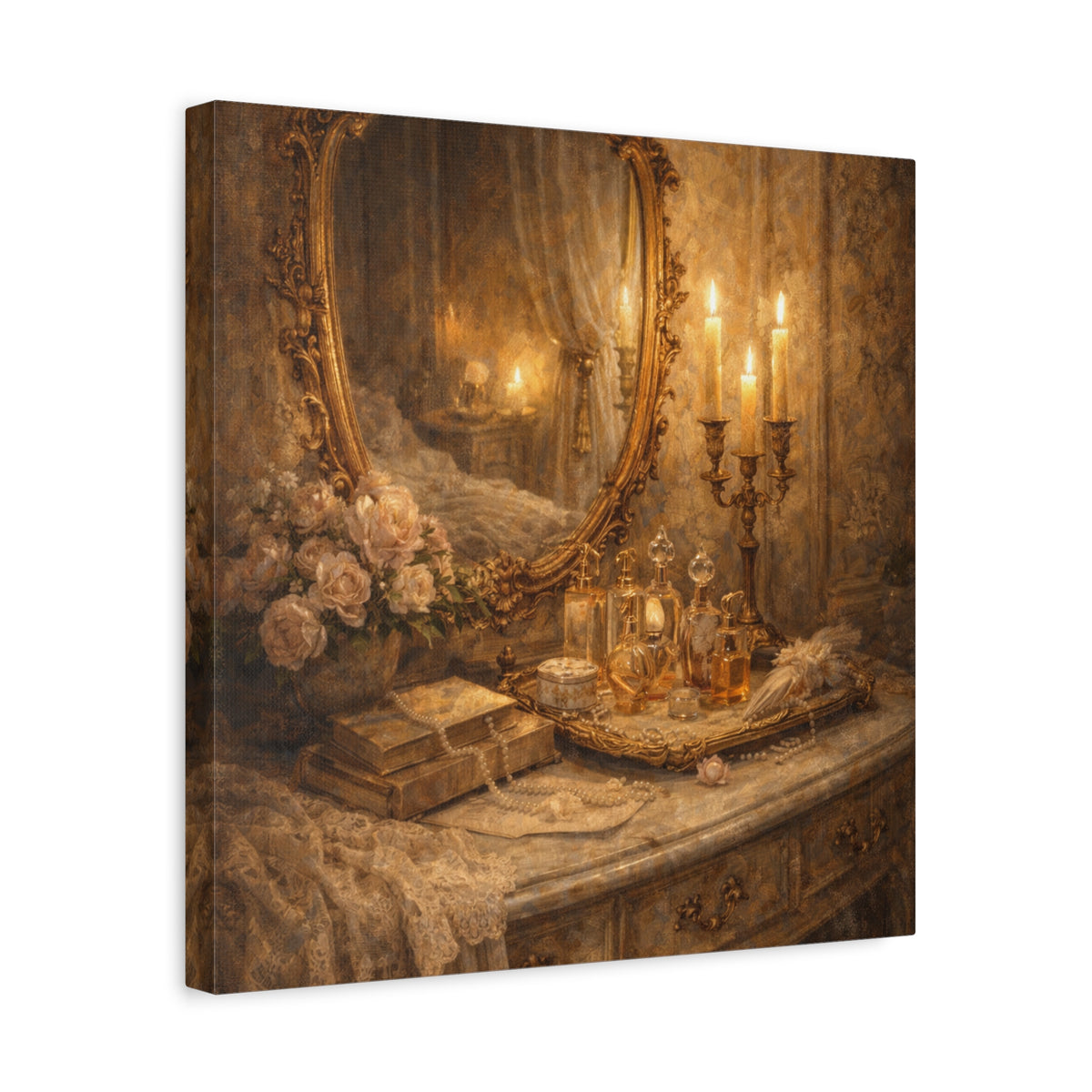 French Country Perfume Vanity Canvas Wall Art Print, Chateaucore Floral Wall Hanging Decor, Victorian Romantic Home Decor, Gift Mom Grandma