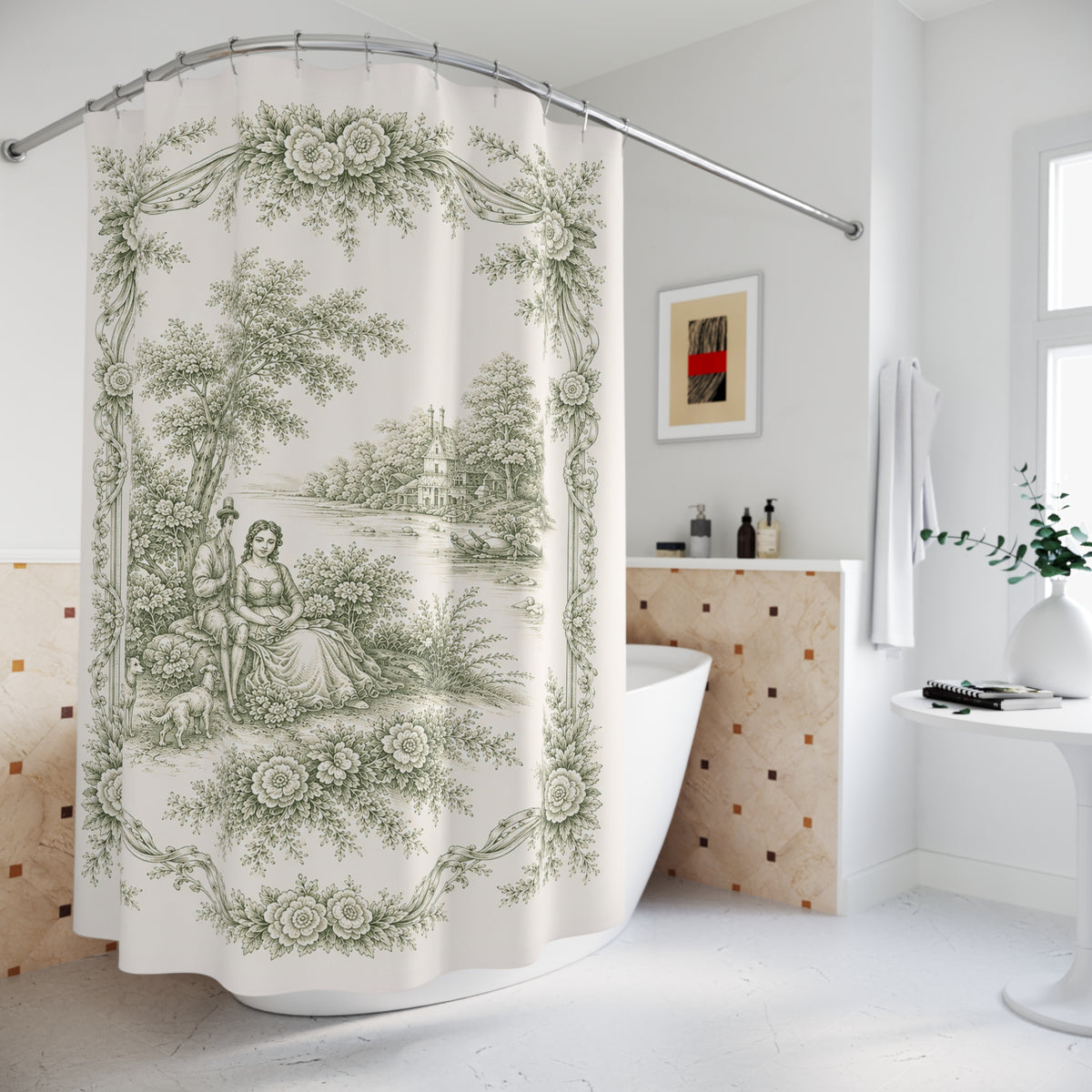 Sage Green French Toil Floral Shower Curtain, Victorian Bathroom Decor, Vintage Country Cottage, Shabby Chic, Farmhouse, Housewarming Gift