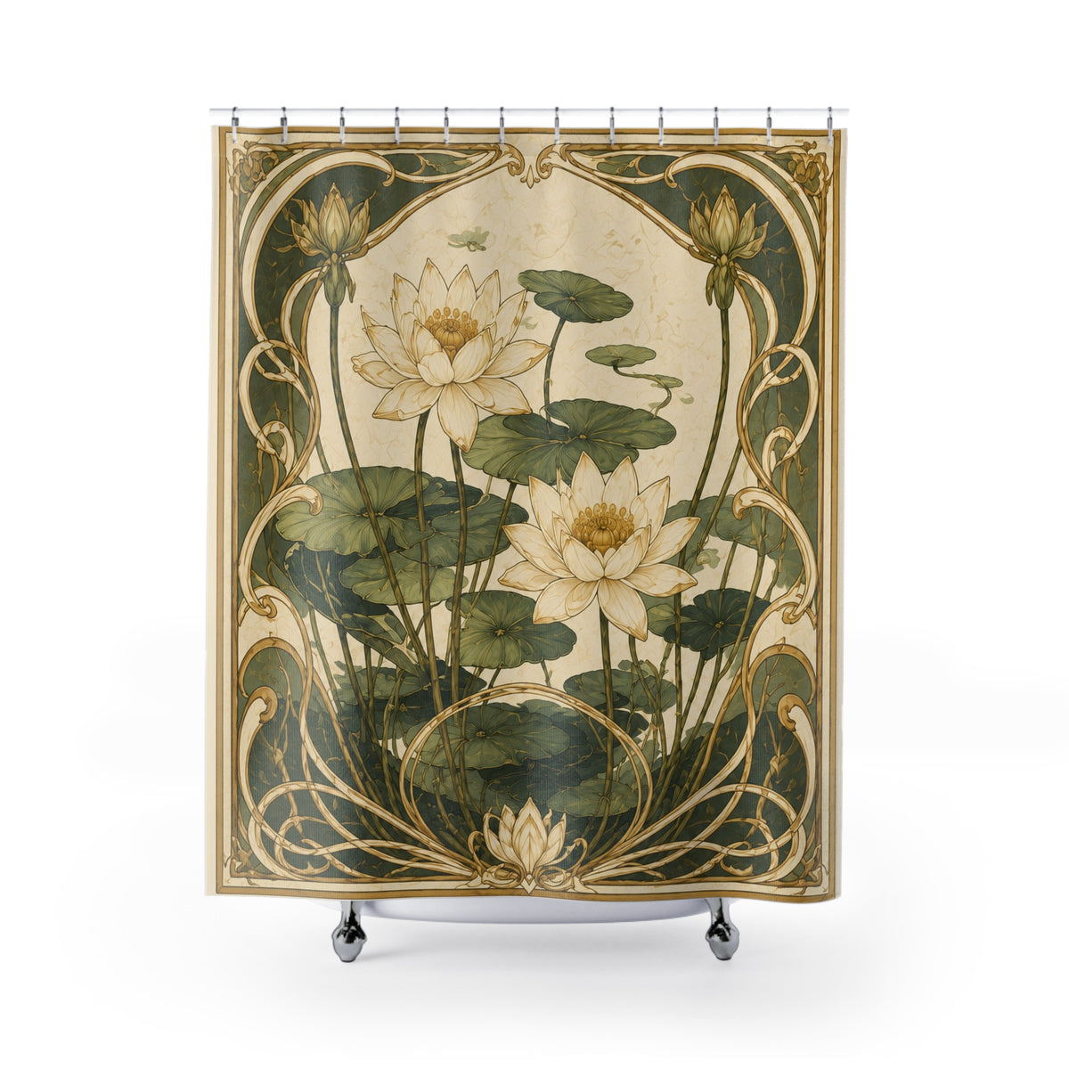 Art Nouveau Water Lily Shower Curtain, Sage Green Botanical Bathroom Decor, Watercolor Leaf Bath Curtain, Spa Style Farmhouse Bathroom,