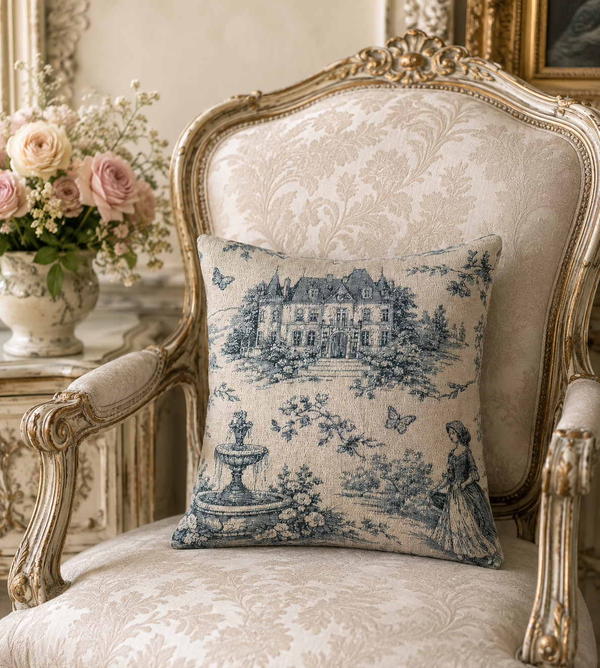 Blue Toile de Jouy Woven Tapestry Pillow and Cover, Vintage Chateau Estate Fountain, French Country Throw Pillow, Victorian Wedding Housewarming Gift