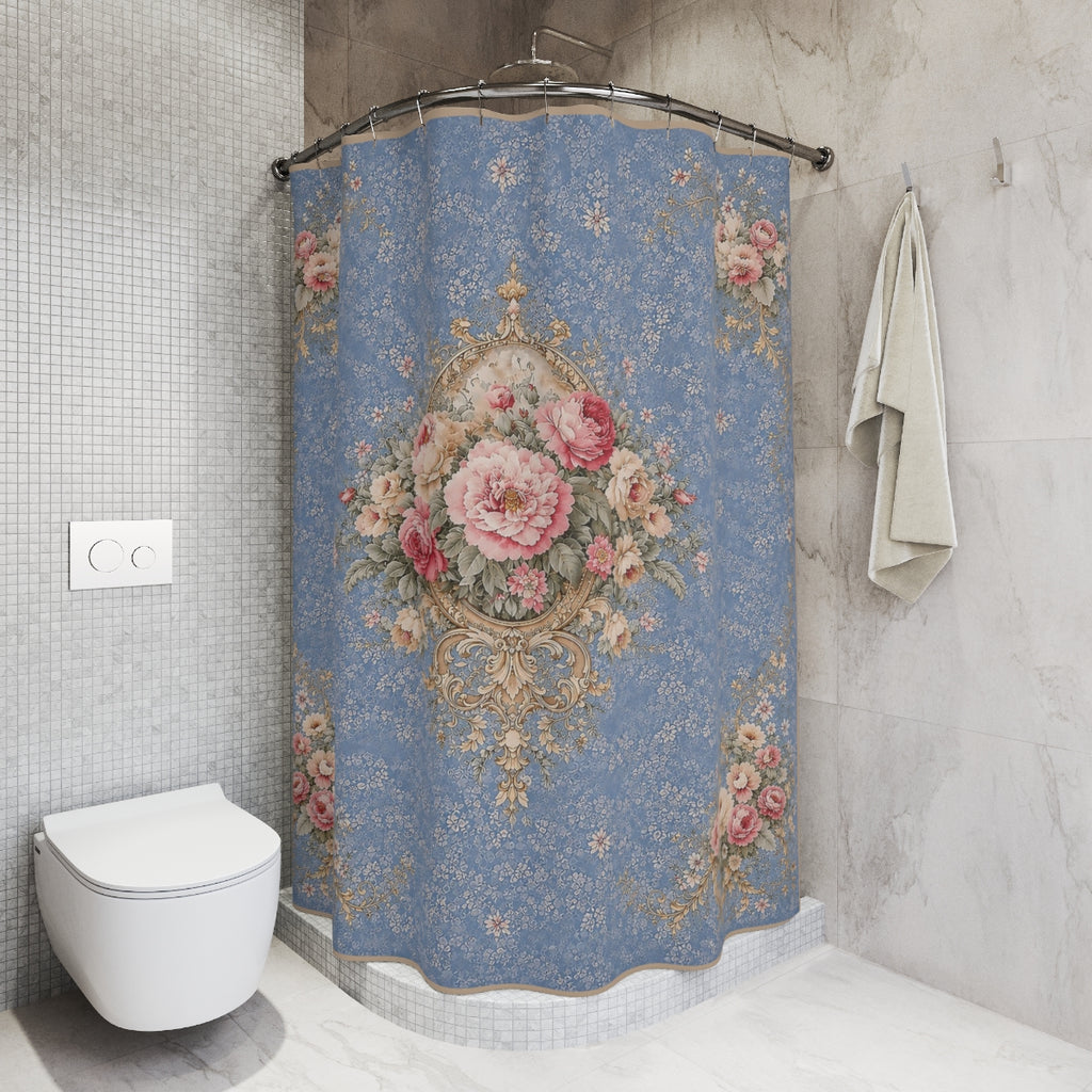 Dusty Blue Blush Rose 5-Piece Bathroom Bundle, Shower Curtain, Memory Foam Bath Mat & 3-Piece Towel Set, French Country Chateaucore Decor