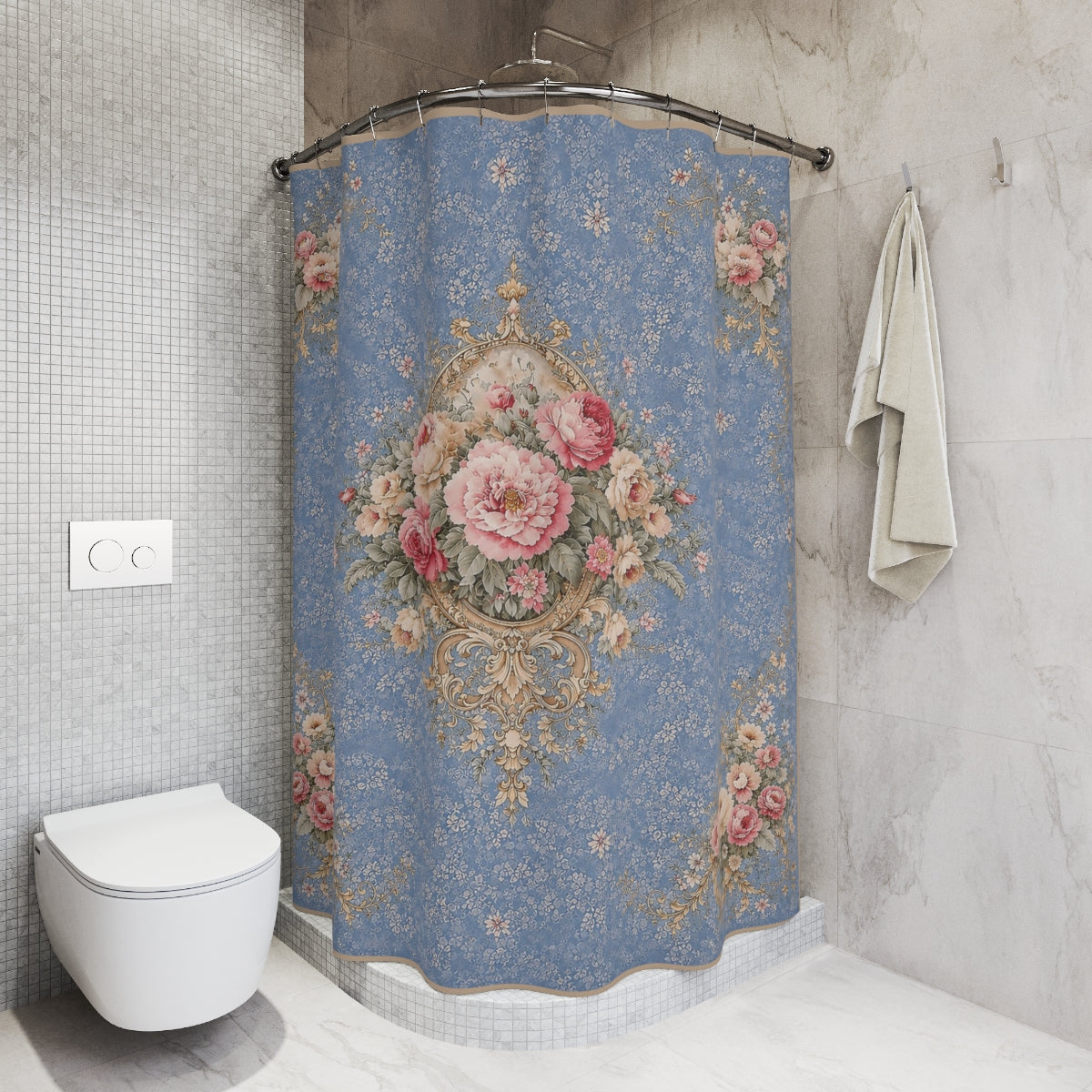 Dusty Blue Blush Rose 5-Piece Bathroom Bundle, Shower Curtain, Memory Foam Bath Mat & 3-Piece Towel Set, French Country Chateaucore Decor
