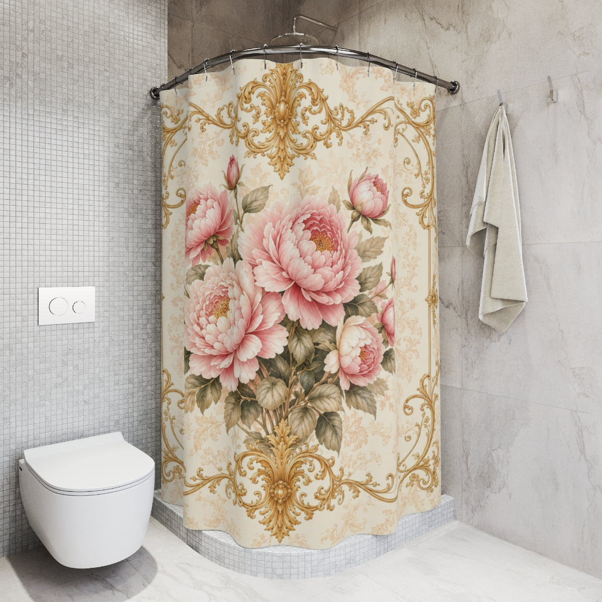 Victorian Pink Peony 5-Piece Bathroom Bundle – Shower Curtain, Memory Foam Bath Mats & Towel Set, French Country Chateaucore Decor