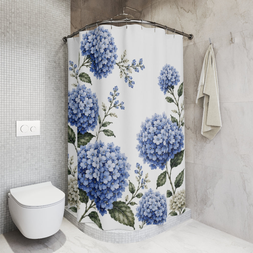 Blue Hydrangea 5 Piece Bathroom Set – Shower Curtain, Memory Foam Bath Mat & Towels, French Country Chateaucore Grandmillennial Decor