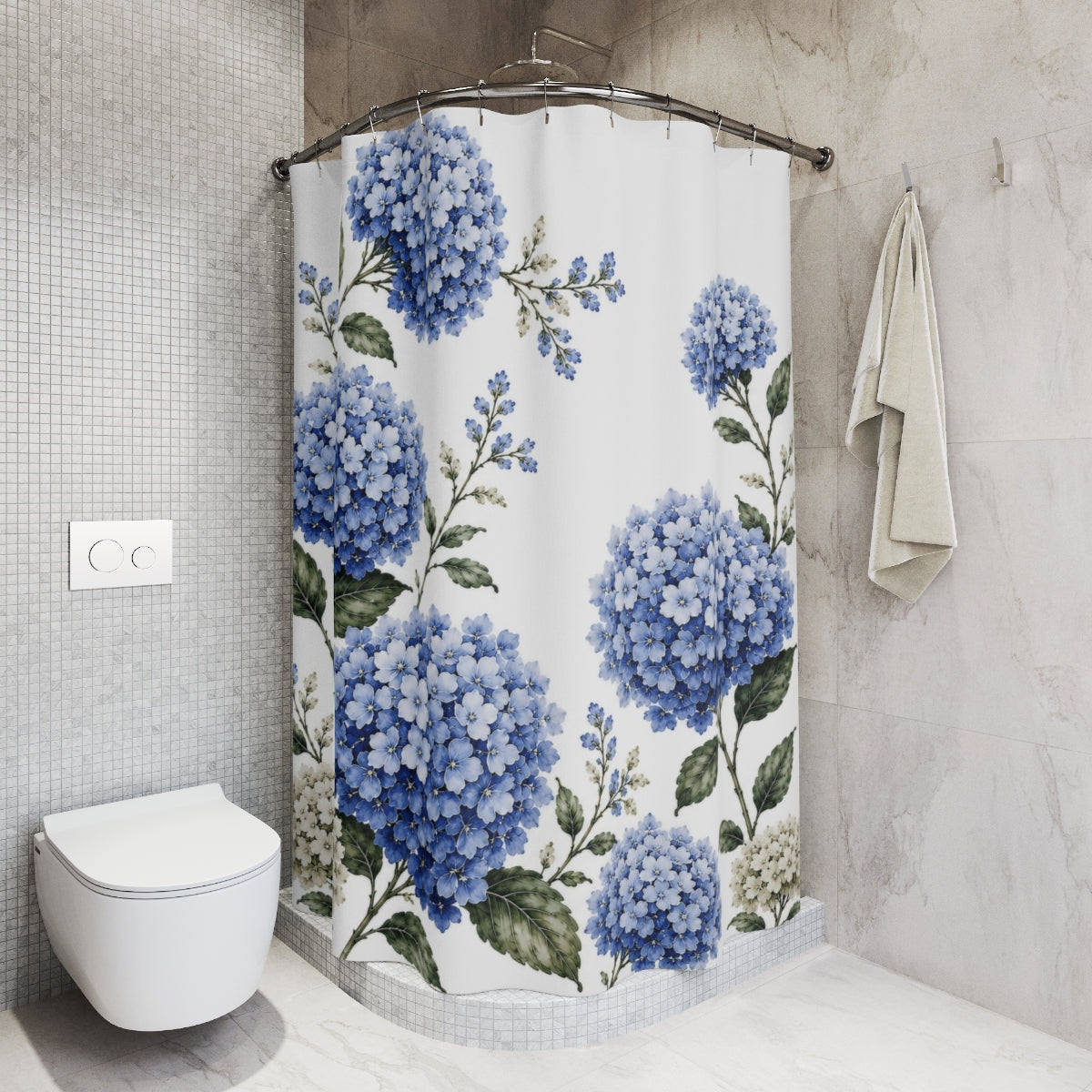 Blue Hydrangea 5 Piece Bathroom Set – Shower Curtain, Memory Foam Bath Mat & Towels, French Country Chateaucore Grandmillennial Decor