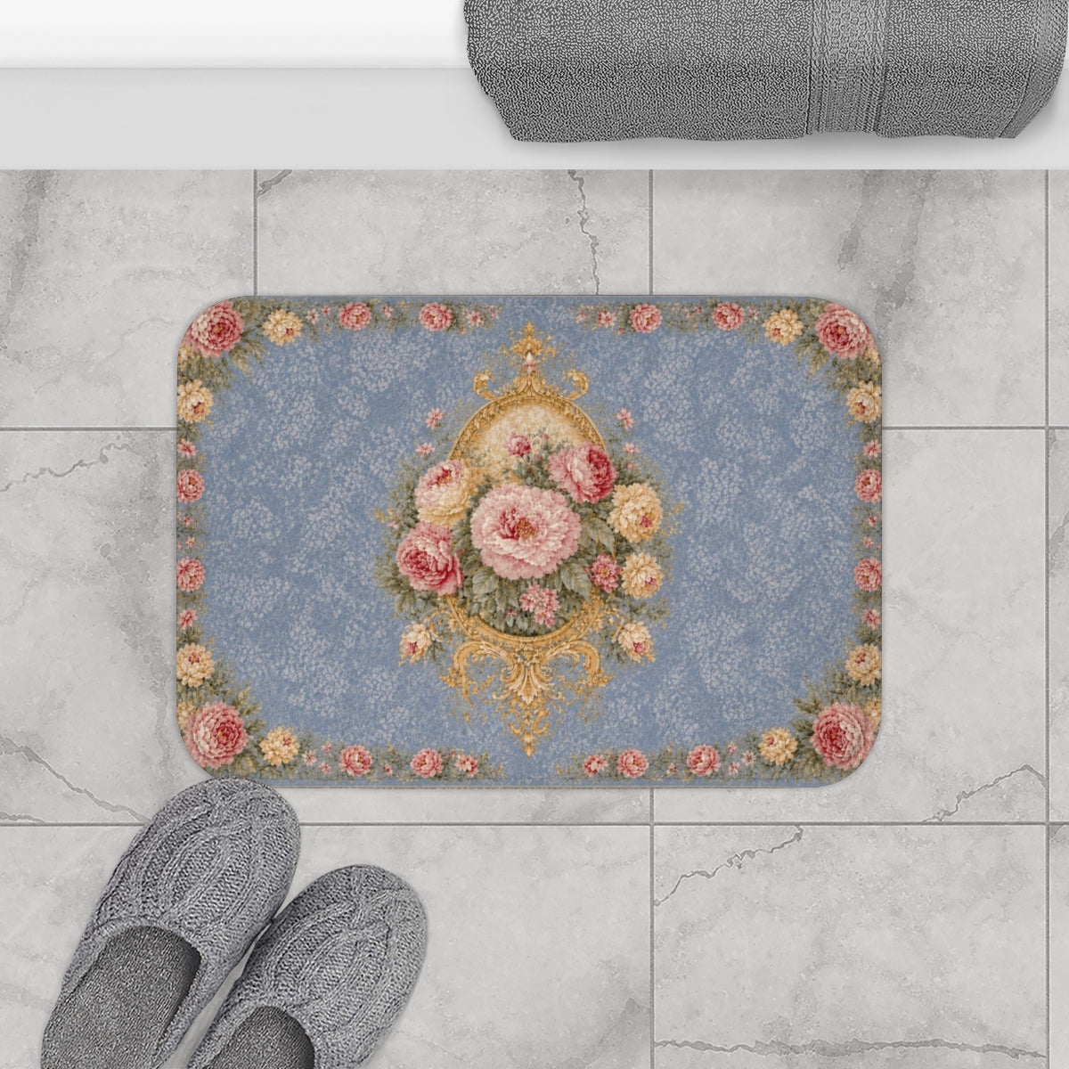 Dusty Blue Blush Rose 5-Piece Bathroom Bundle, Shower Curtain, Memory Foam Bath Mat & 3-Piece Towel Set, French Country Chateaucore Decor