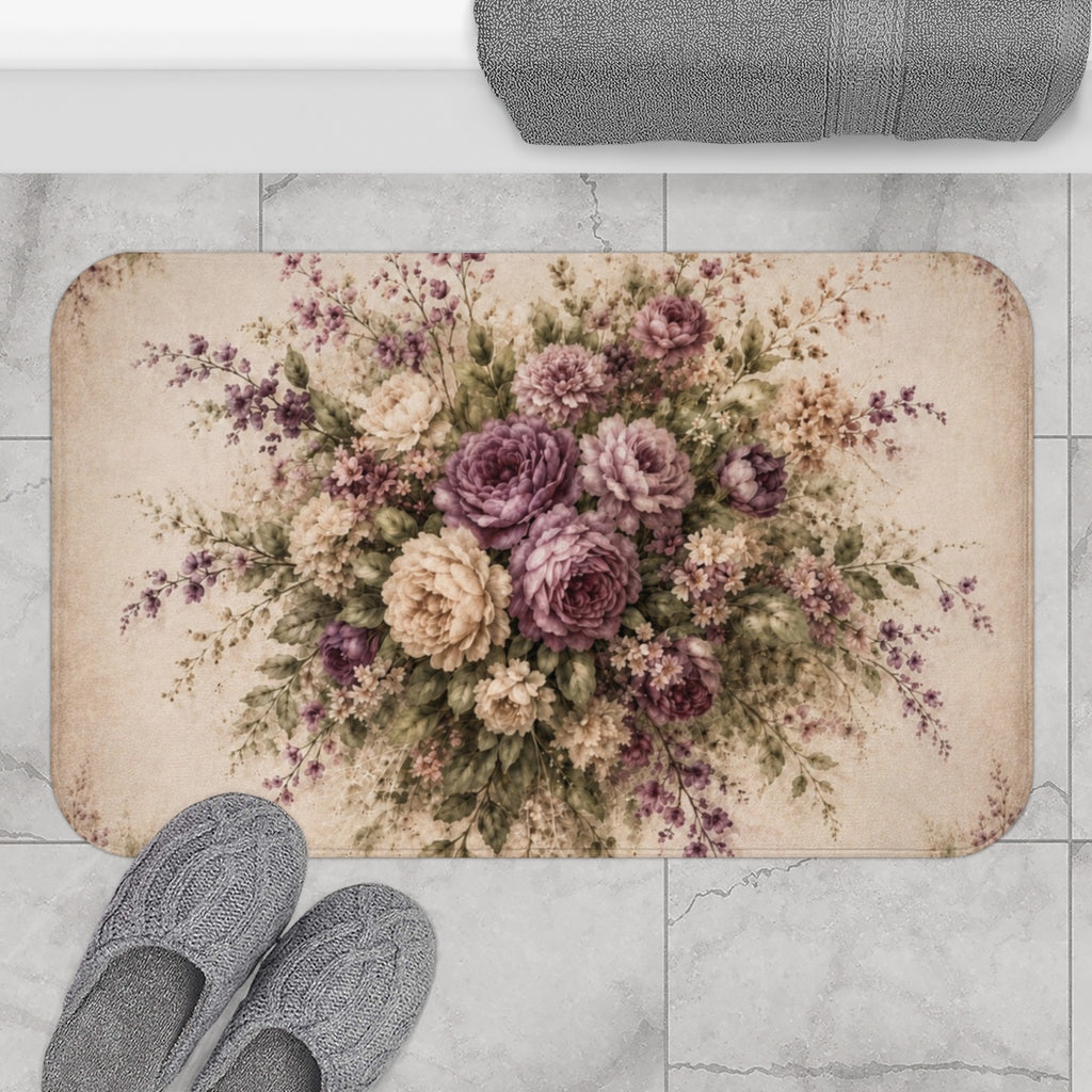 Vintage Mauve Rose Garden 5-Piece Bath Bundle Shower Curtain, Bathmat, Towels Set