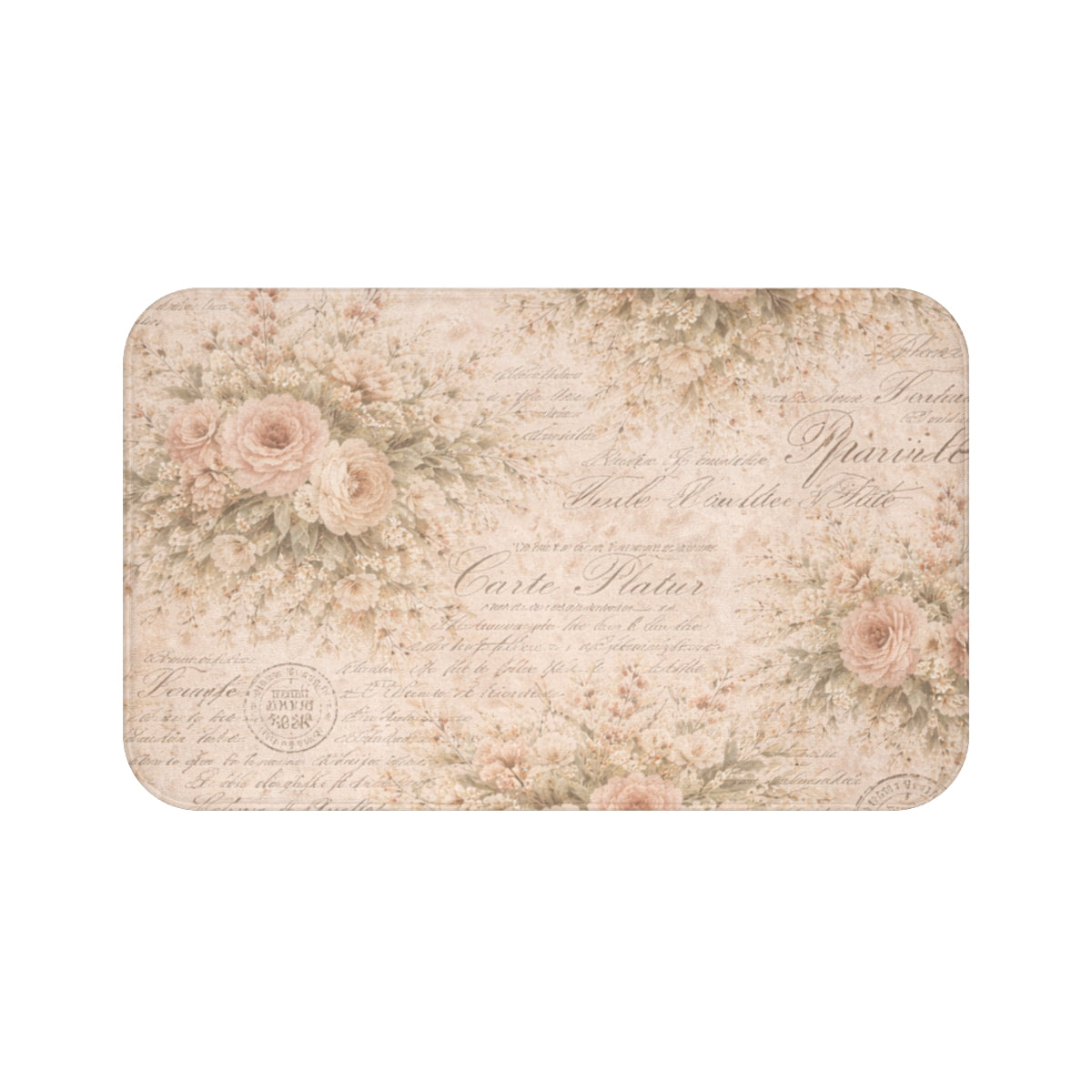 Blush Pink Rose & French Script 5-Piece Bathroom Bundle, Shower Curtain, Memory Foam Bath Mat & Towel Set, French Country Chateaucore Decor