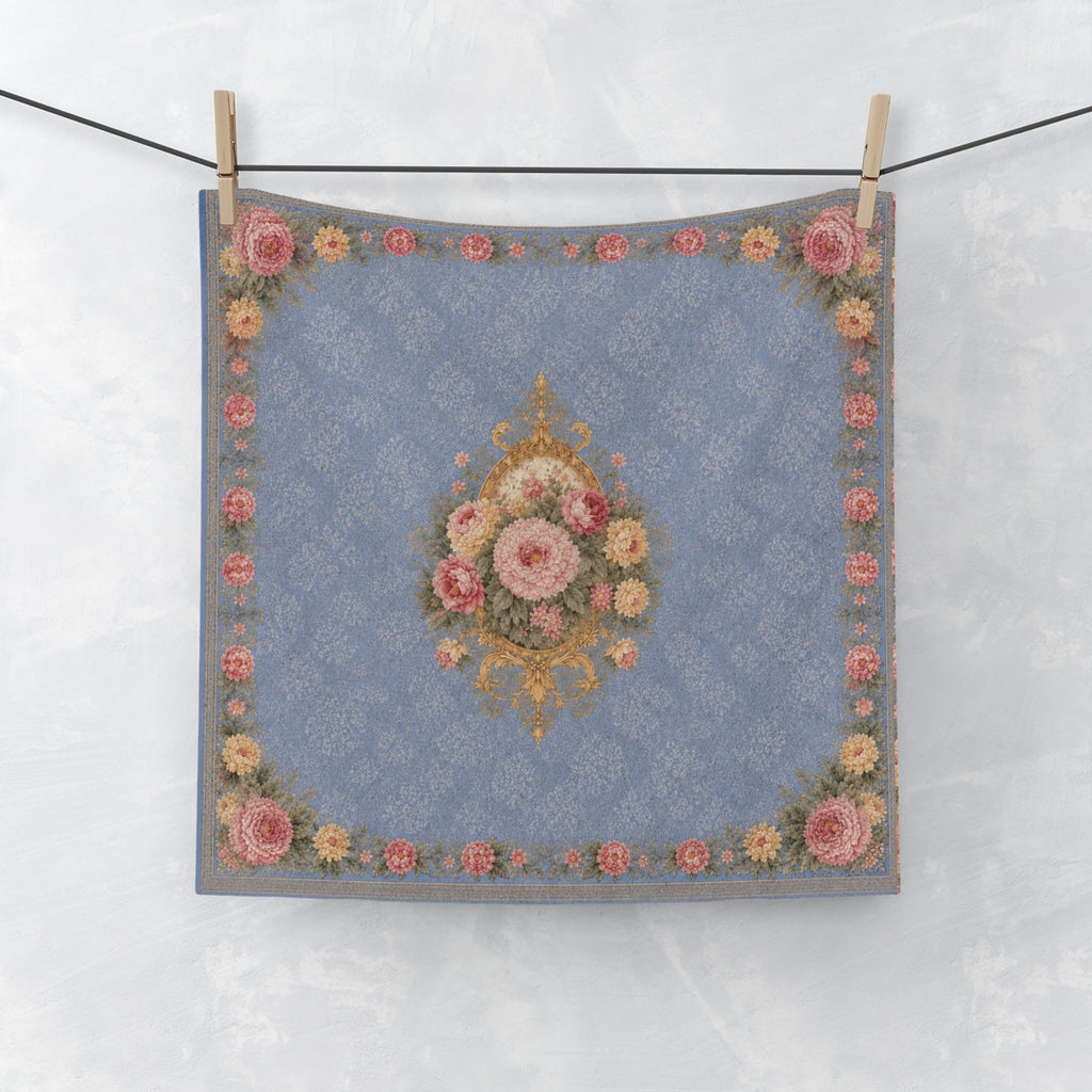 Dusty Blue Blush Bath 3-Piece Towel Set, Matching Roses Bouquet Gold Victorian Rococo Chateaucore Bathroom Accents