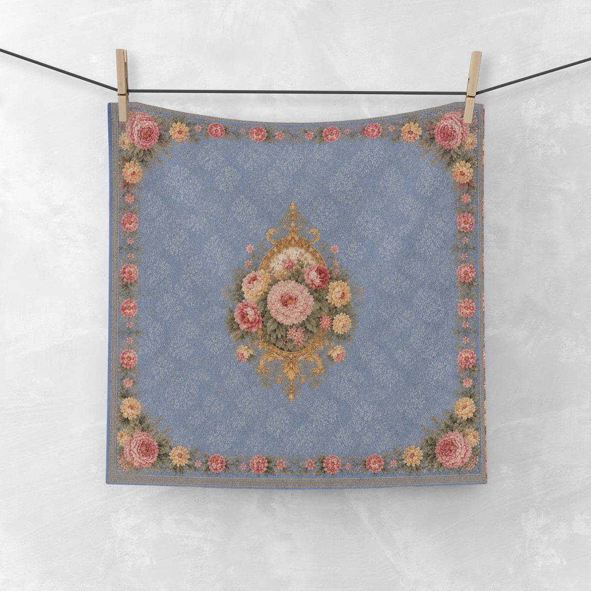 Dusty Blue Blush Bath 3-Piece Towel Set, Matching Roses Bouquet Gold Victorian Rococo Chateaucore Bathroom Accents