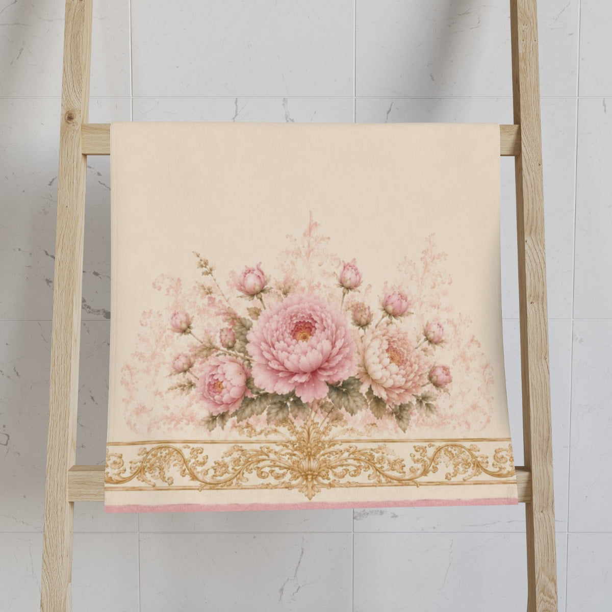Victorian Gold Pink Peonies Large Bath Towel, Victorian Rococo Gold Baroque, Shabby Chic French Country Style, Wedding Home Gift