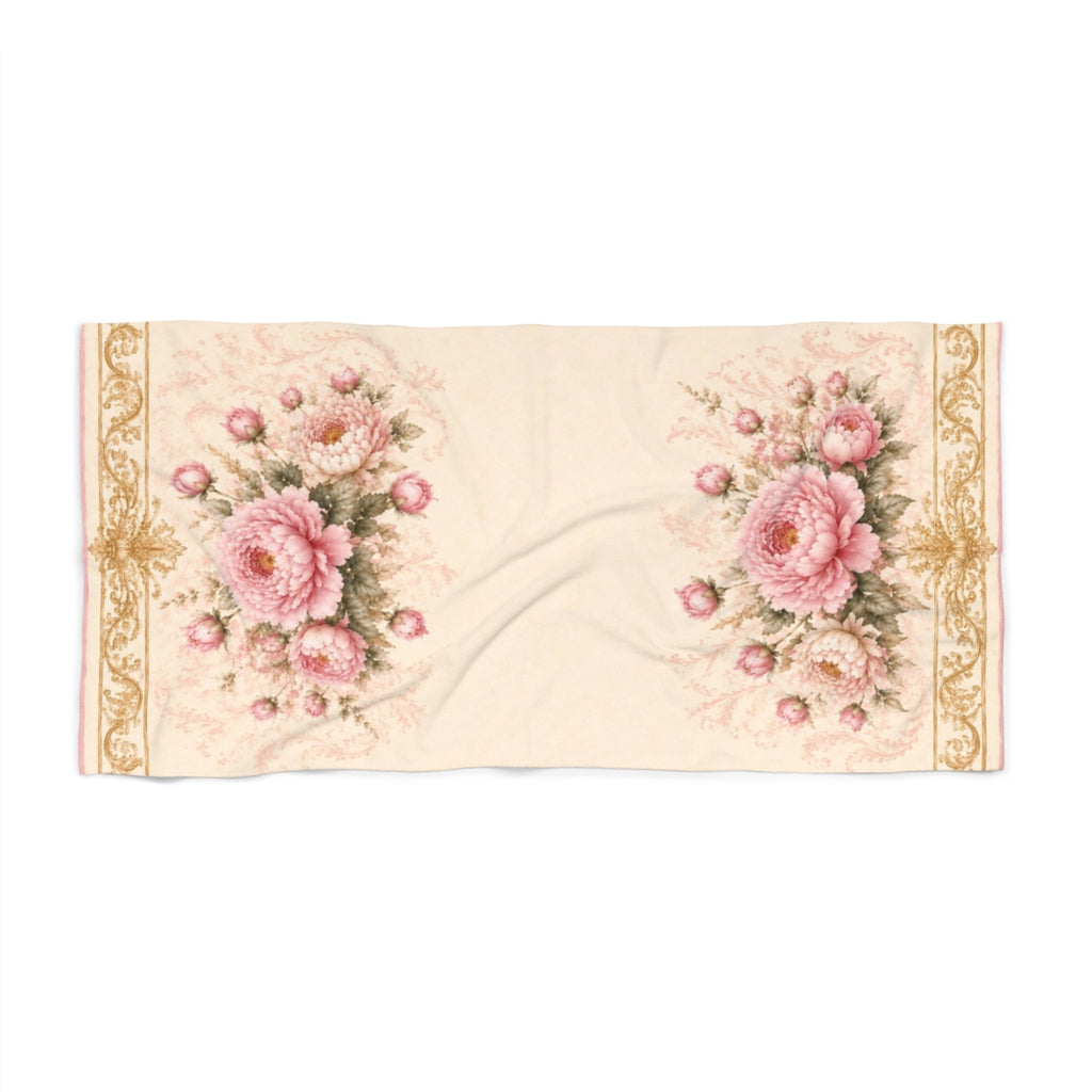 Victorian Pink Peony 3-Piece Towel Set – Bath, Hand Towel & Washcloth, Gold Floral French Country Chateaucore Bathroom Decor