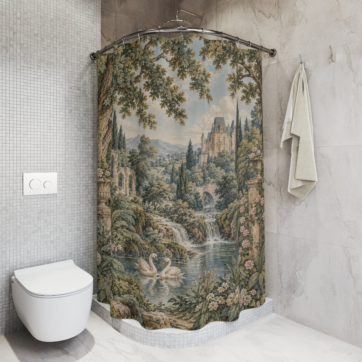French Verdure Shower Curtain – Chateau Garden Swans – Vintage Aubusson French Country Bathroom Decor