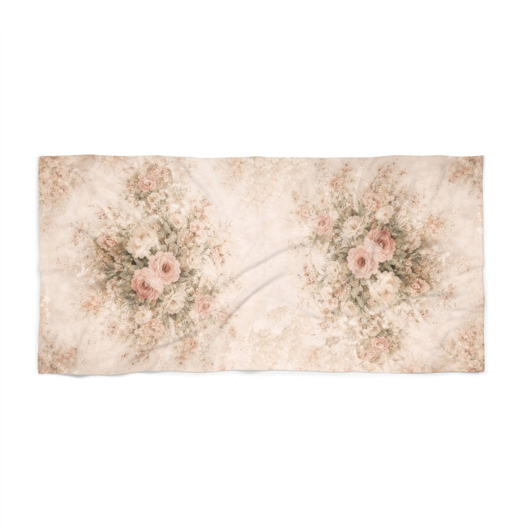 Blush Rose Bathroom 5-Piece Bundle Floral Shower Curtain, Memory Foam Bathmat Matching Towels, Romantic French Country Chateaucore Decor
