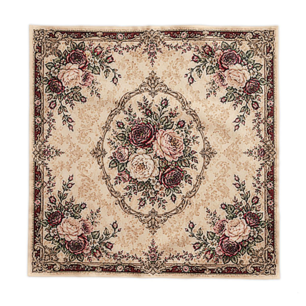 Victorian Burgundy Rose Medallion Tablecloth – 100% Cotton Twill, Cream Floral French Country Table Linen, 58x58 or 58x102