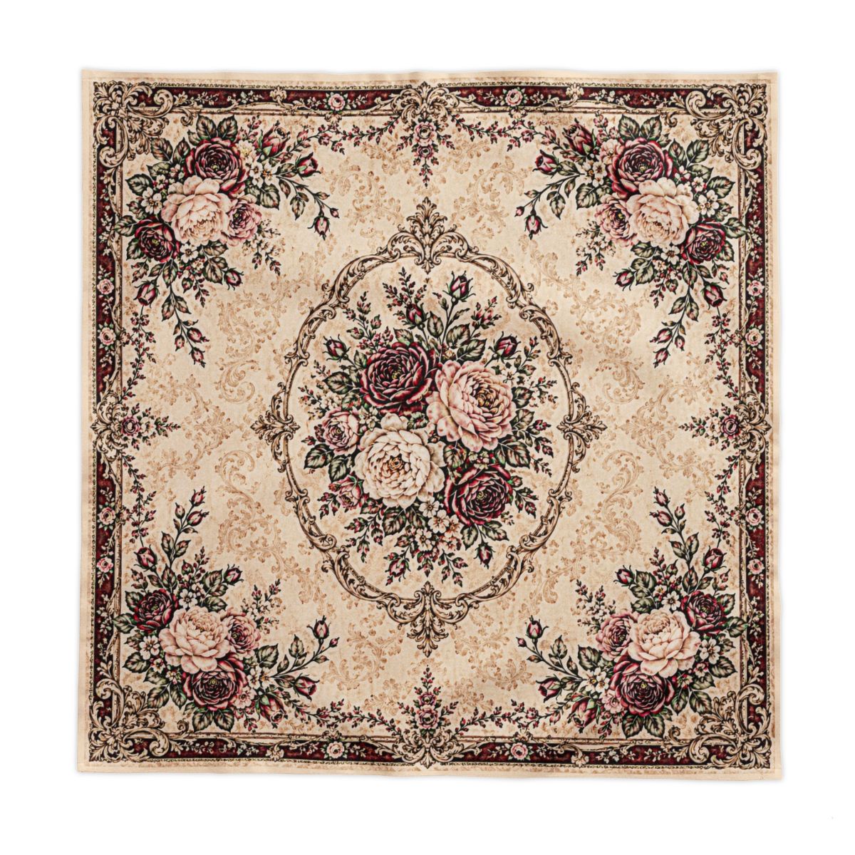 Victorian Burgundy Rose Medallion Tablecloth – 100% Cotton Twill, Cream Floral French Country Table Linen, 58x58 or 58x102