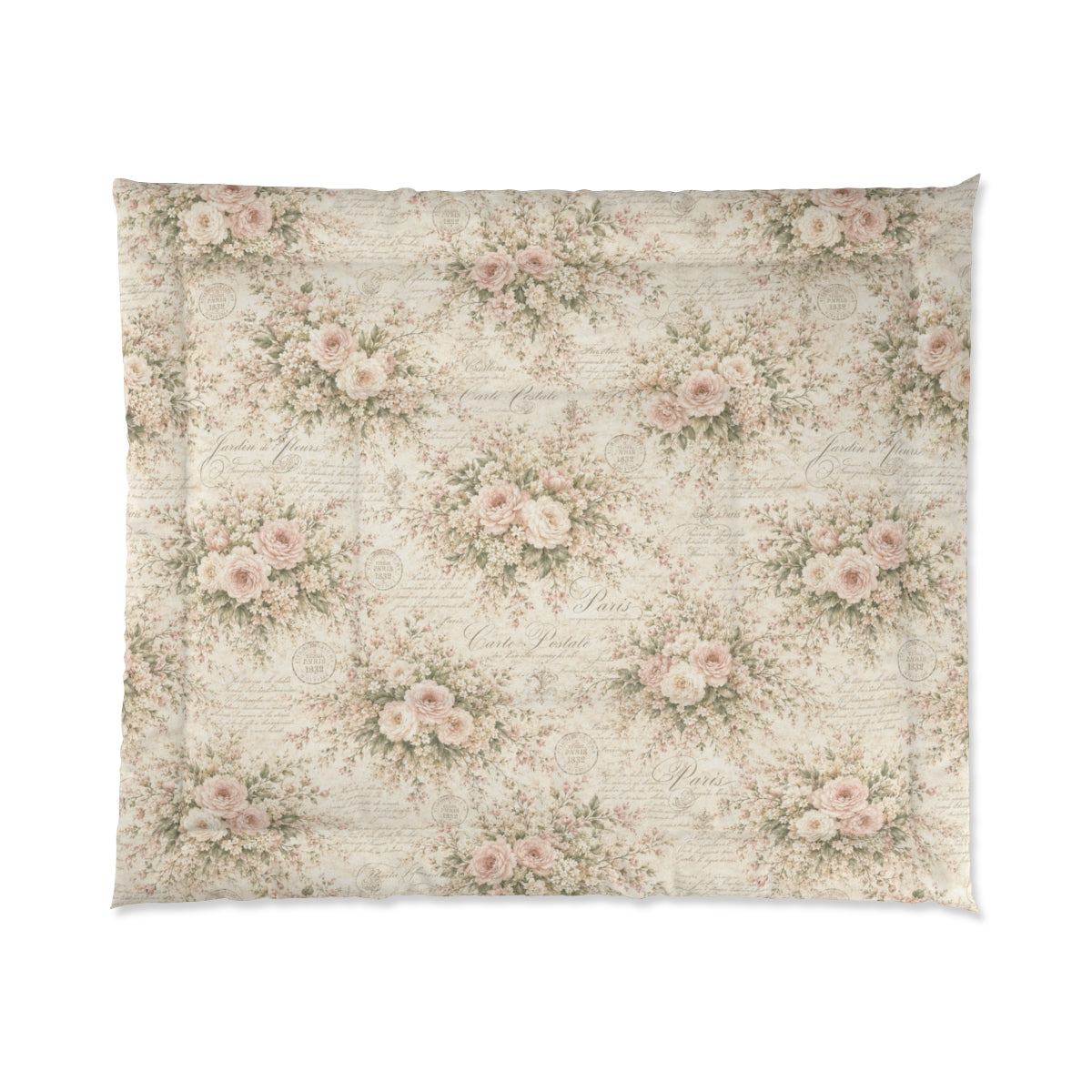 Love Letter Chateau, Ivory Blush Rose French Script Comforter Set, Romantic Chateaucore Victorian Floral Bedding