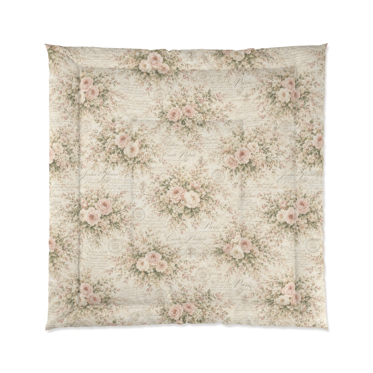 Love Letter Chateau, Ivory Blush Rose French Script Comforter Set, Romantic Chateaucore Victorian Floral Bedding