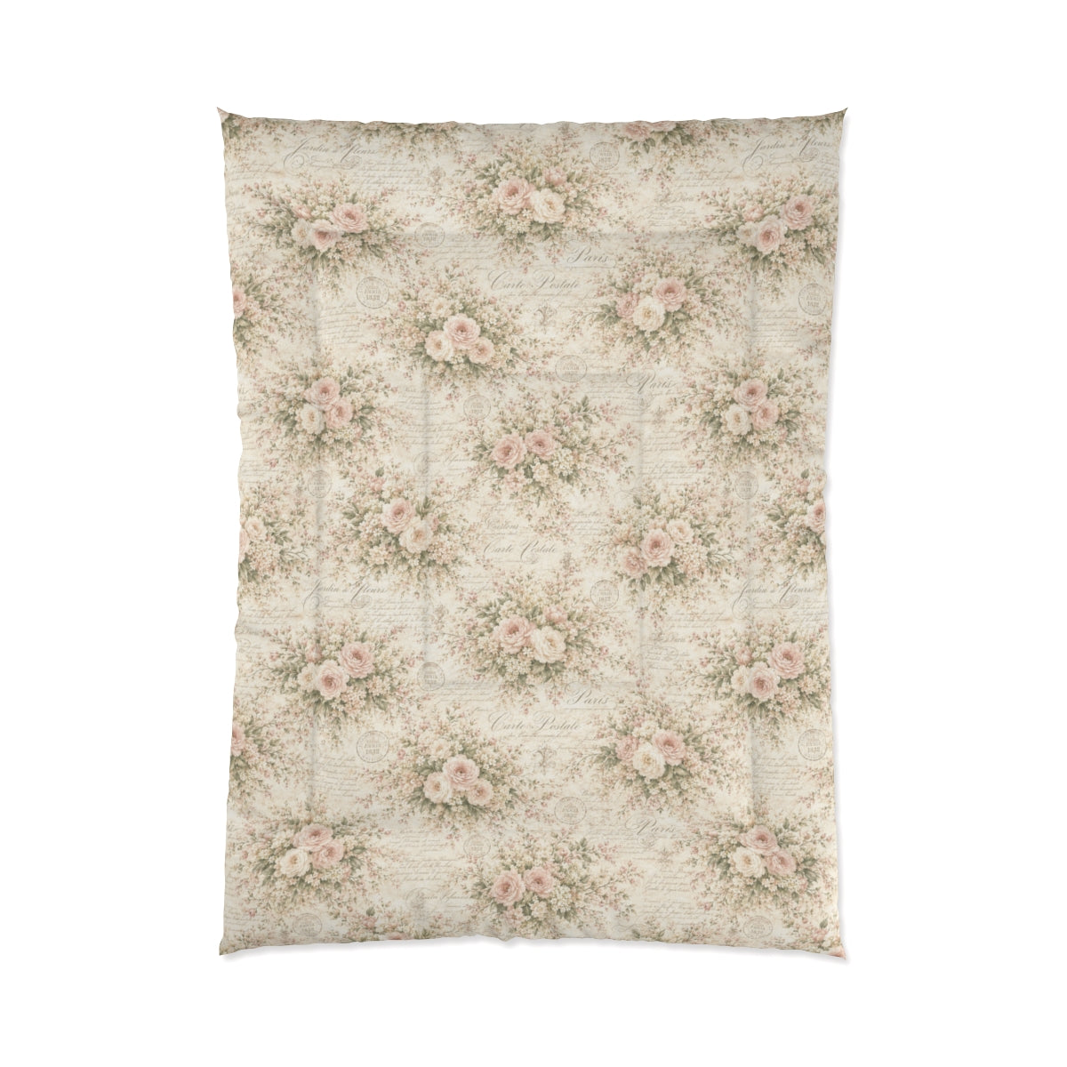 Love Letter Chateau, Ivory Blush Rose French Script Comforter Set, Romantic Chateaucore Victorian Floral Bedding