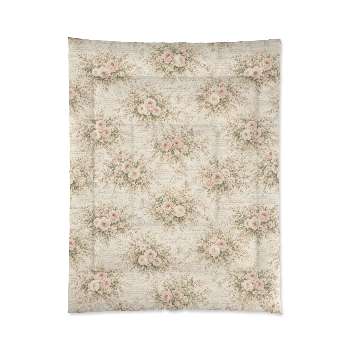 Love Letter Chateau, Ivory Blush Rose French Script Comforter Set, Romantic Chateaucore Victorian Floral Bedding