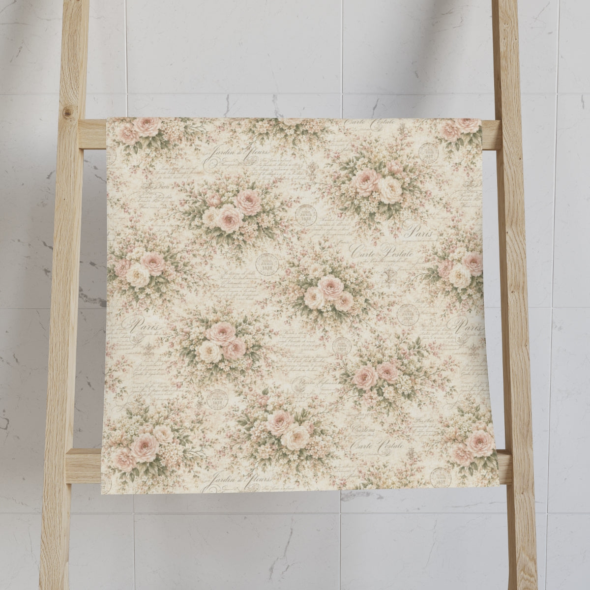 Love Letter Chateau 5-Piece French Country Bathroom Set , Floral Shower Curtain, Memory Foam Bath Mat, Bath Towel, Hand Towel & Washcloth