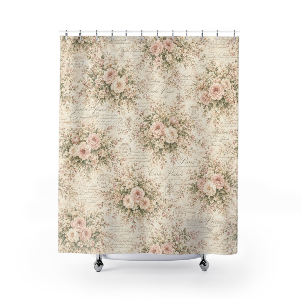 Love Letter Chateau 5-Piece French Country Bathroom Set , Floral Shower Curtain, Memory Foam Bath Mat, Bath Towel, Hand Towel & Washcloth