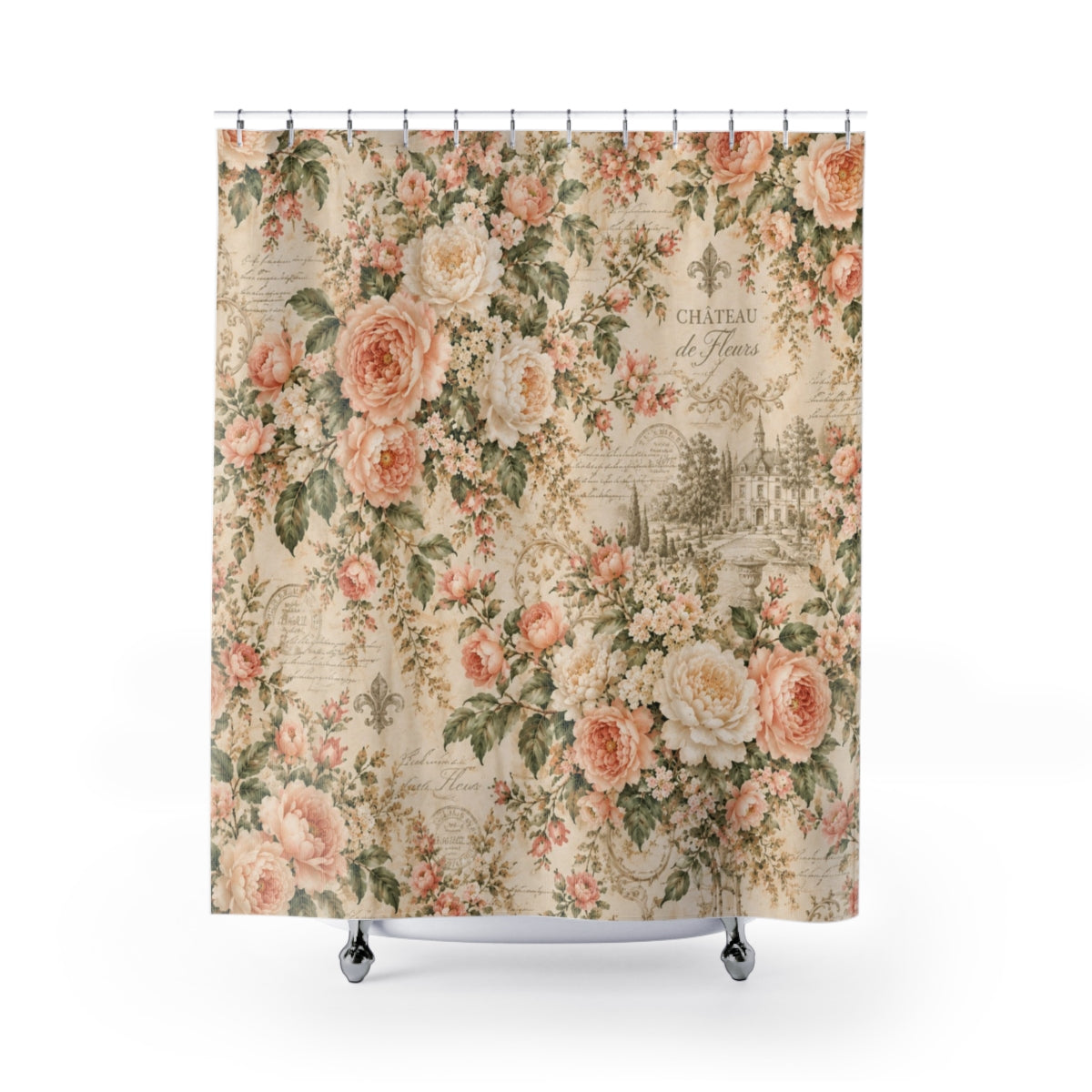 Peach Rose Soft Sage Château Bathroom Set, French Country Script Shower Curtain, Memory Foam Bath Mat & 3-Piece Towel Set, Peach & Sage Chateaucore Decor