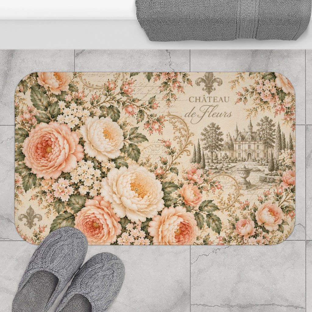 Peach Rose Soft Sage Château Bathroom Set, French Country Script Shower Curtain, Memory Foam Bath Mat & 3-Piece Towel Set, Peach & Sage Chateaucore Decor