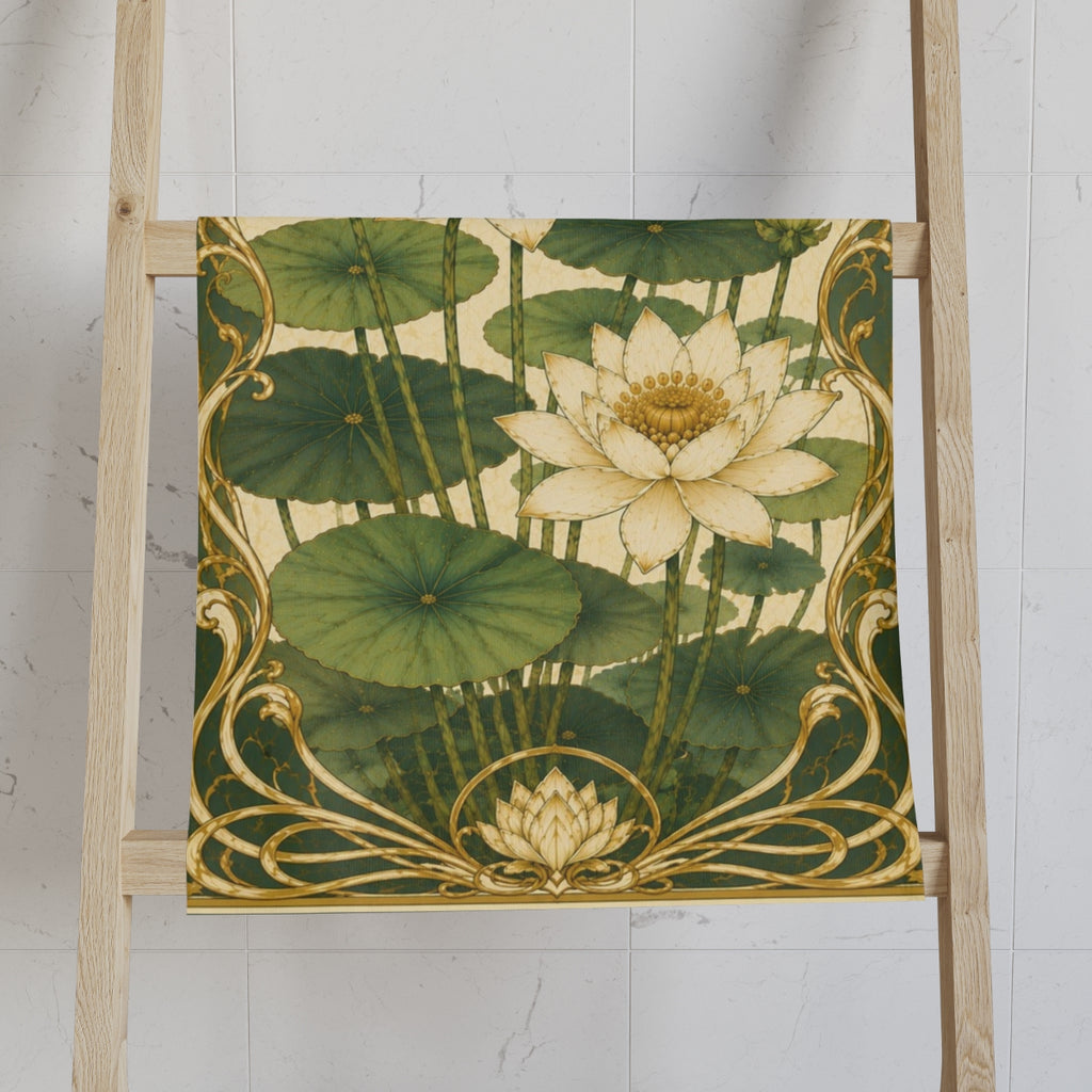Art Nouveau Water Lily Bathroom 5-Piece Set Shower Curtain, Memory Foam Bath Mat Towel Set, French Country Chateaucore Botanical Decor